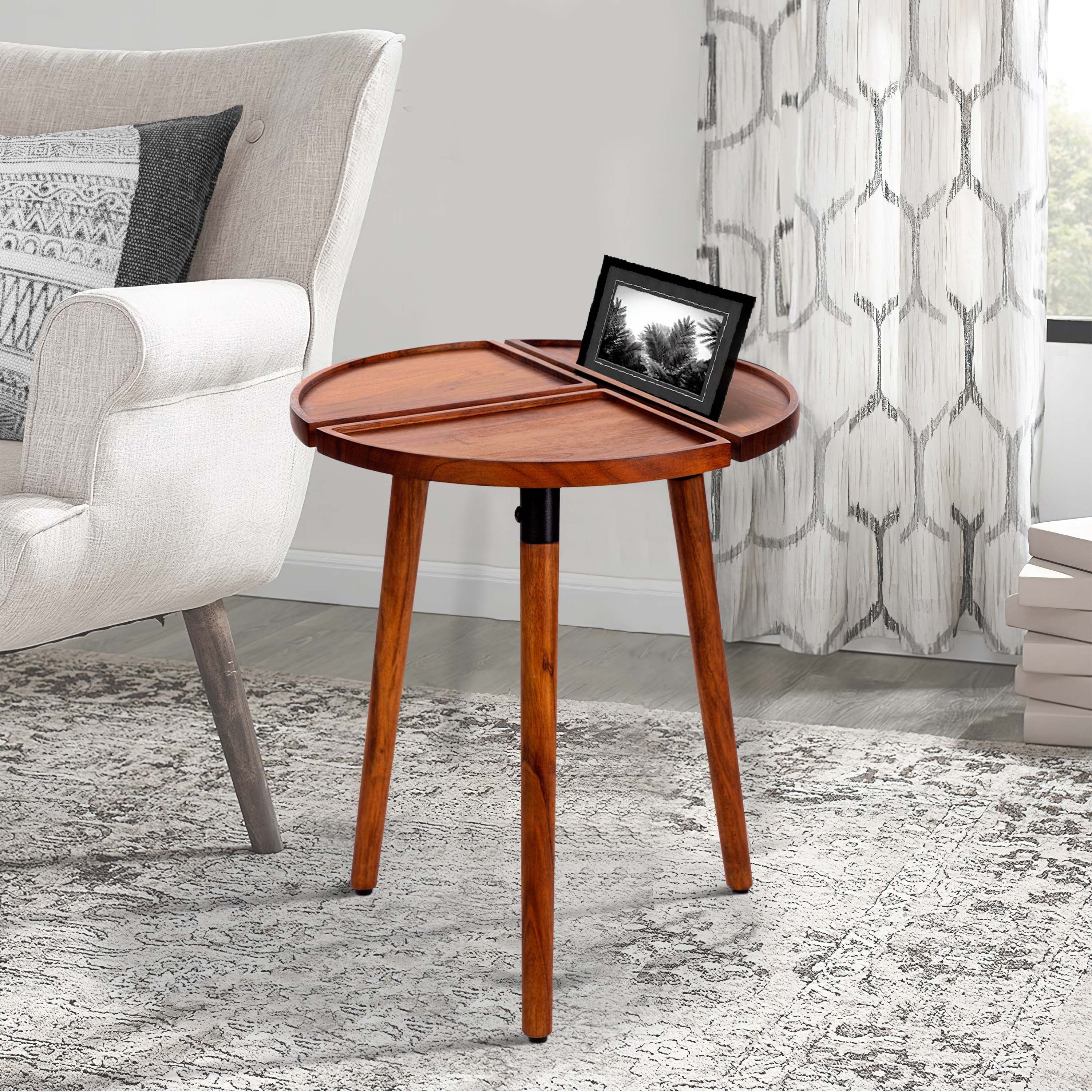 18 Inch Round Acacia Wood Side Accent End Table with 3 Tabletop Sections， Warm Brown - Mycitystee