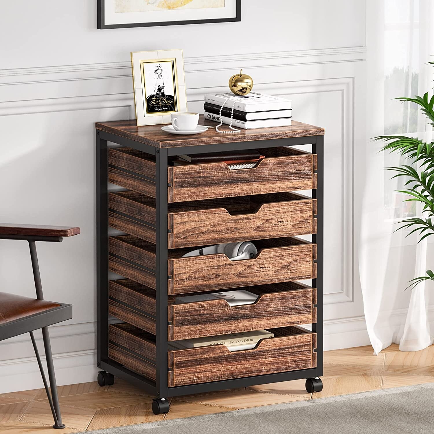 Industrial 5 Drawer Chest， Wood Storage Dresser Cabinet with Wheels Storage Drawer Organizer Cart - - 35639781 - Mycitystee