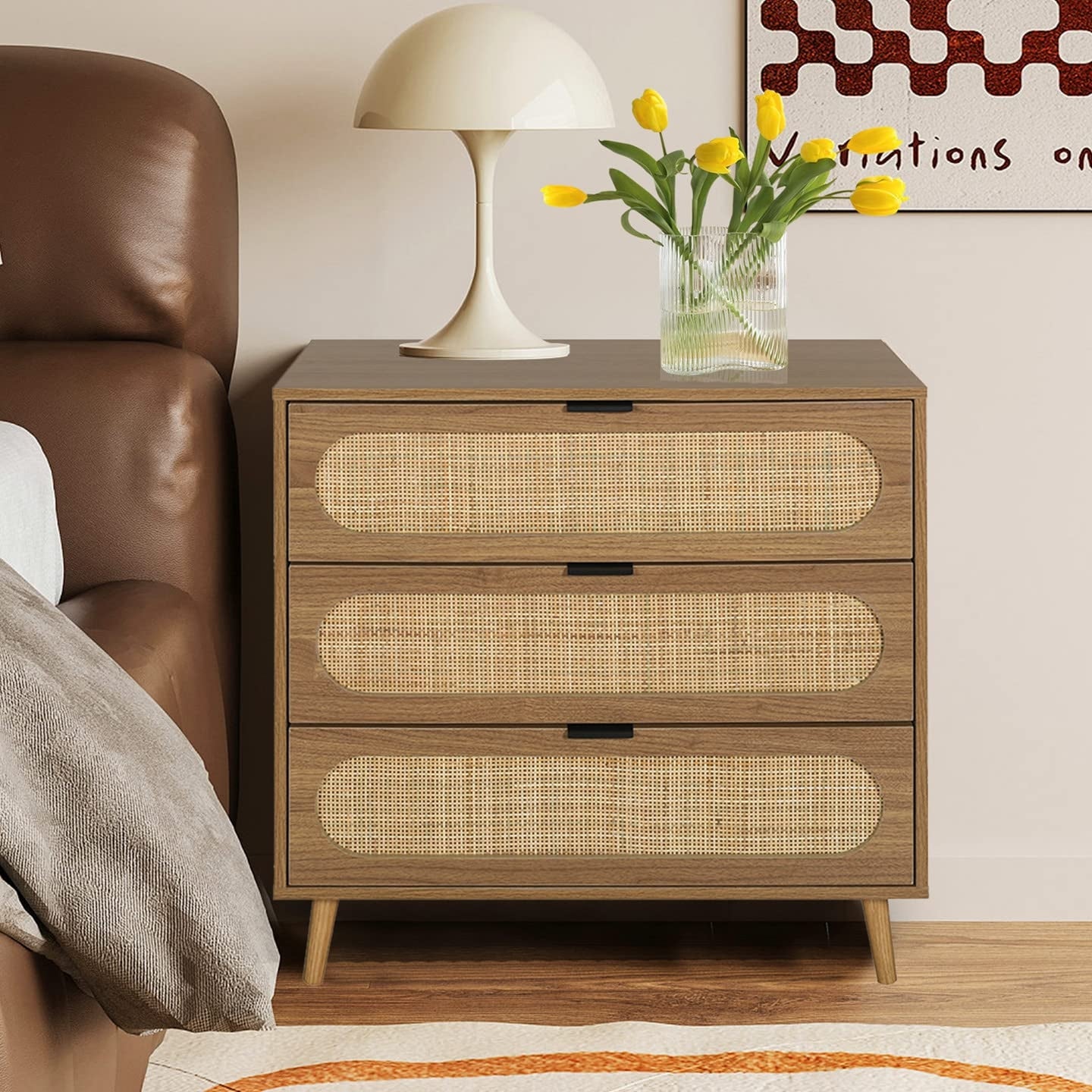 Boho Wood Dresser for Bedroom Modern 3 Drawer Dresser w/Natural Rattan Front Rustic Tall Bedside Table Nightstand - as picture - - 37668968 - Mycitystee