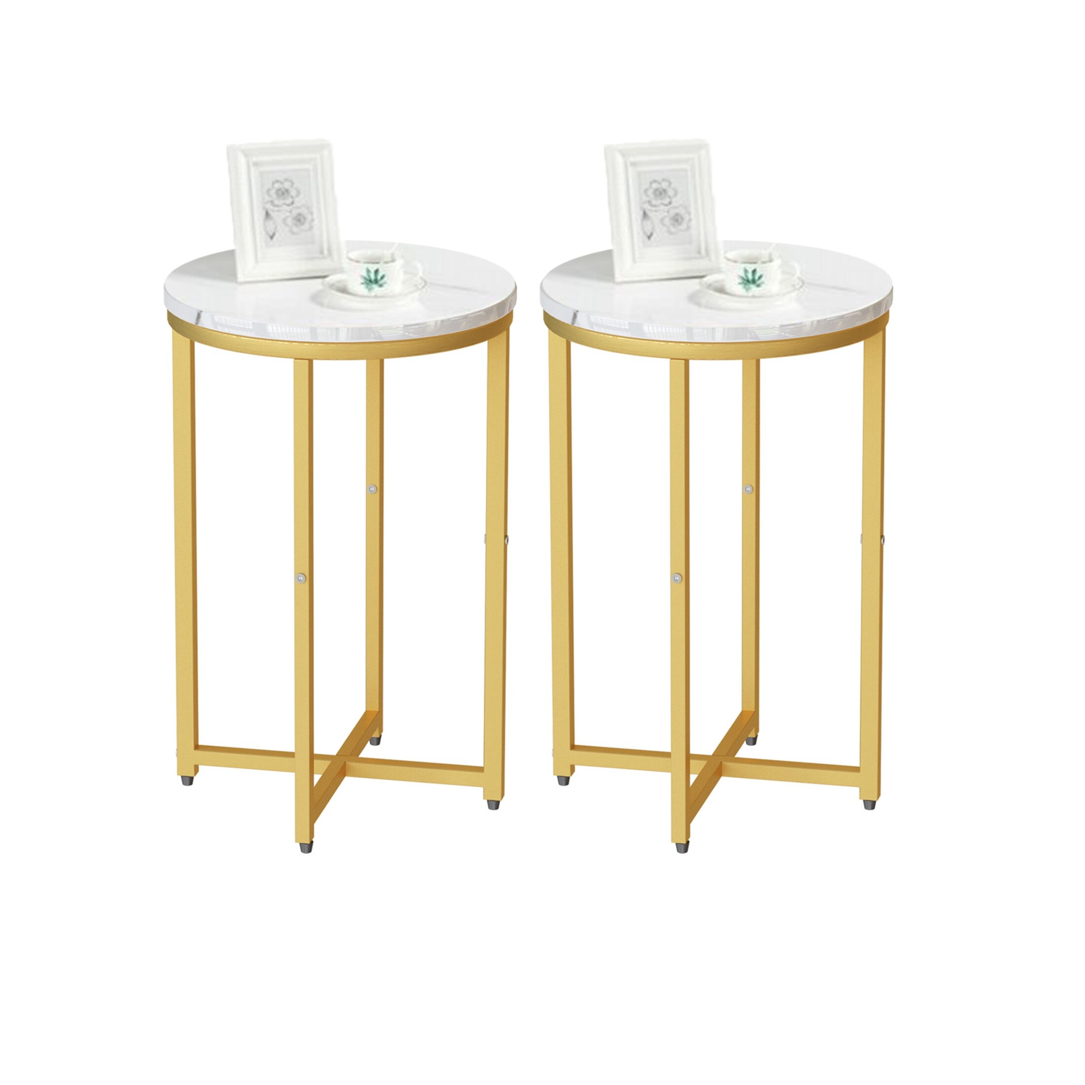 2Pcs End Side Table， Small Sofa Table with Faux Marble Top and Metal Leg - Mycitystee