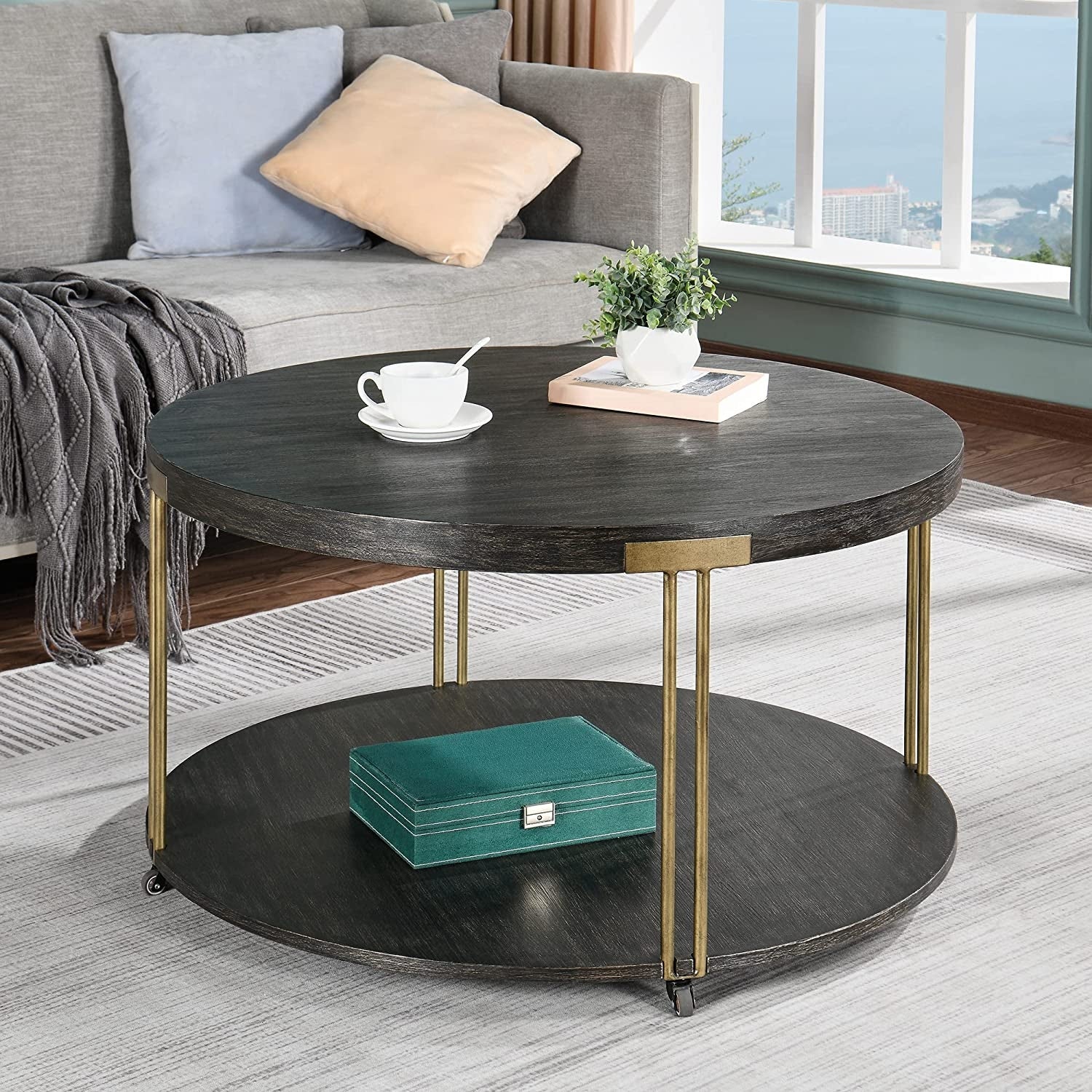 Round Coffee Table 2-Tier Cocktail Table with Storage Shelf Solid Wood - Mycitystee