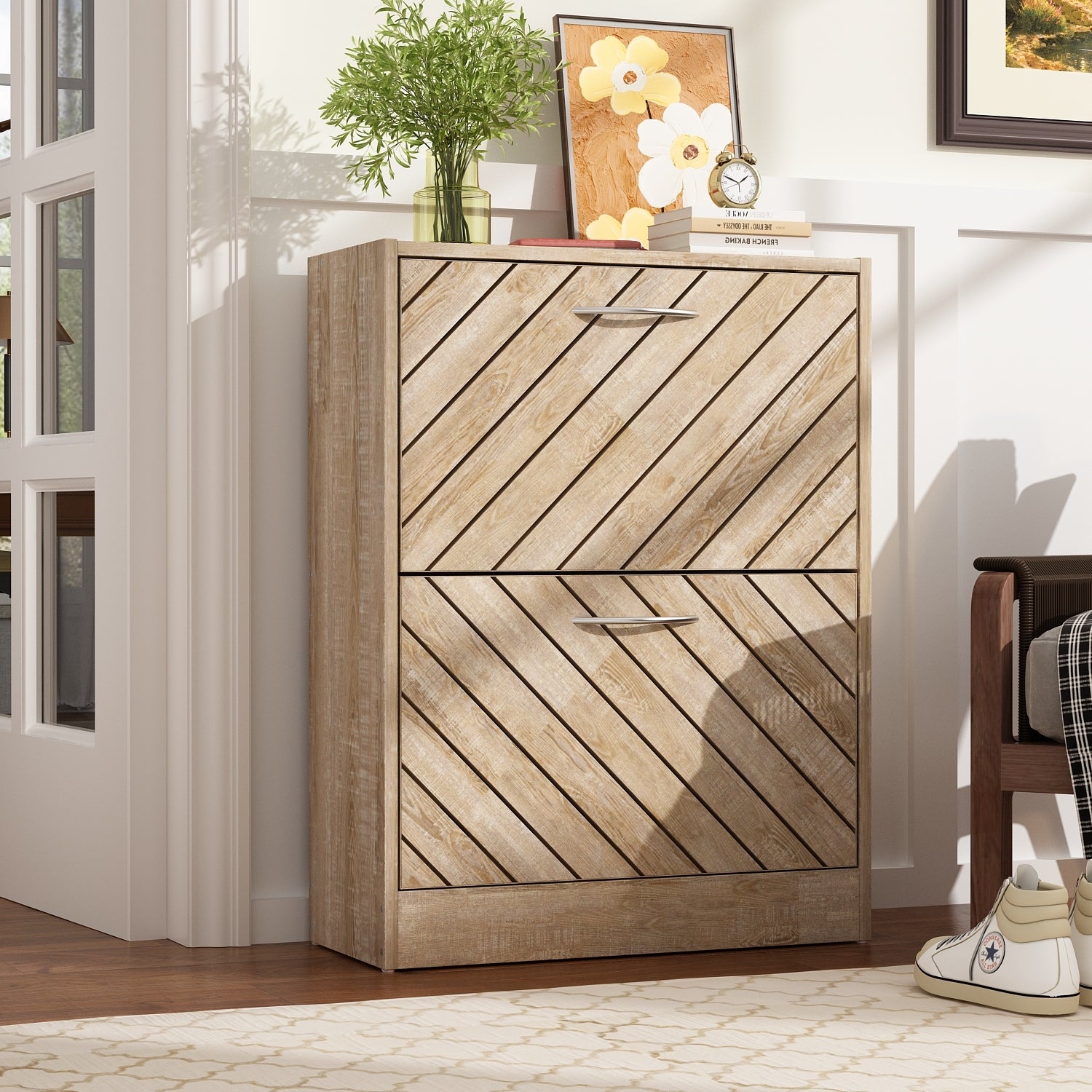 FAMAPY 8 Pair Shoe Storage Cabinet with 2 Drawers， Wood Color - - 35372765 - Mycitystee