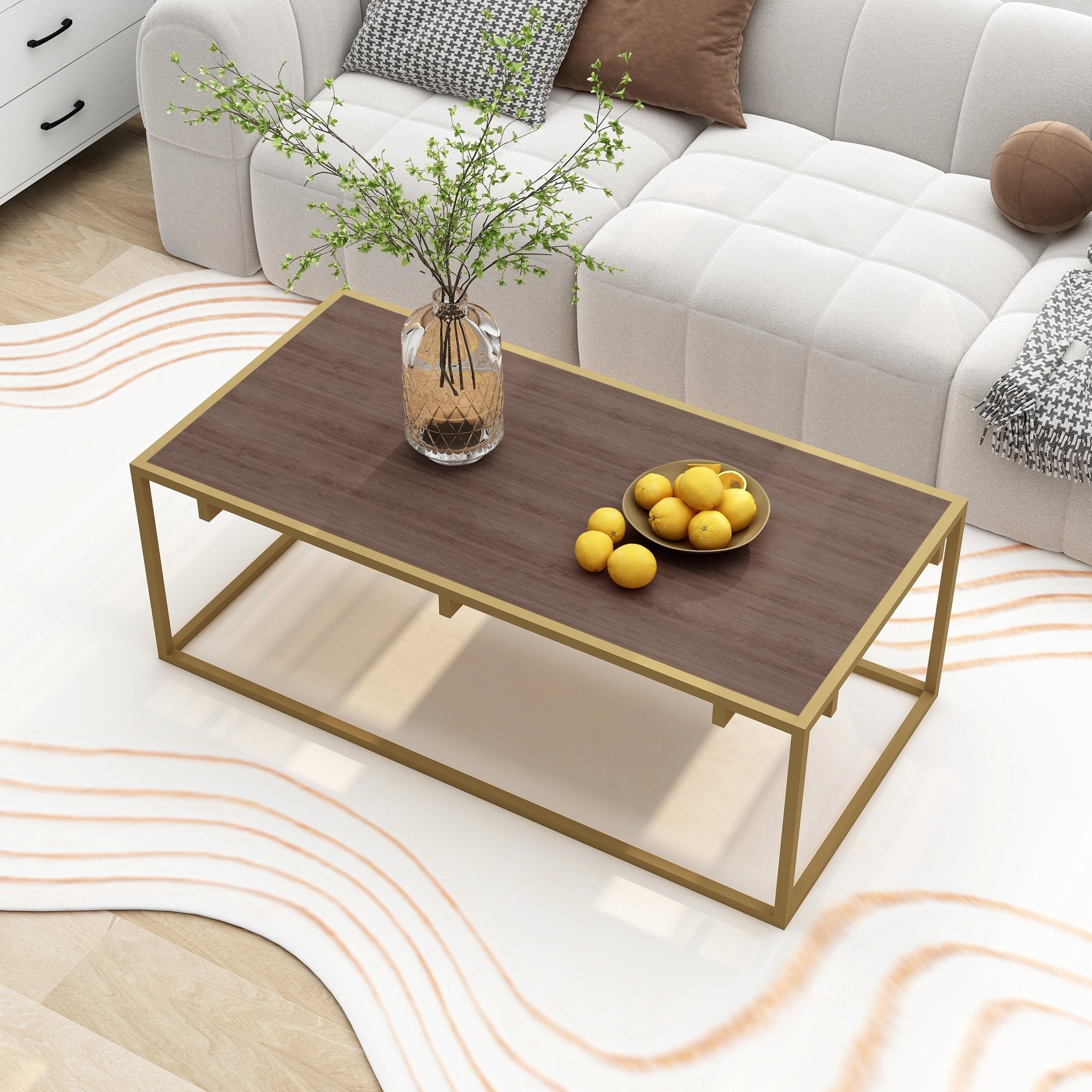 Alazyhome Modern Industrial Style Rectangular Wood Grain Top Coffee Table with Gold Metal Box Frame - Mycitystee