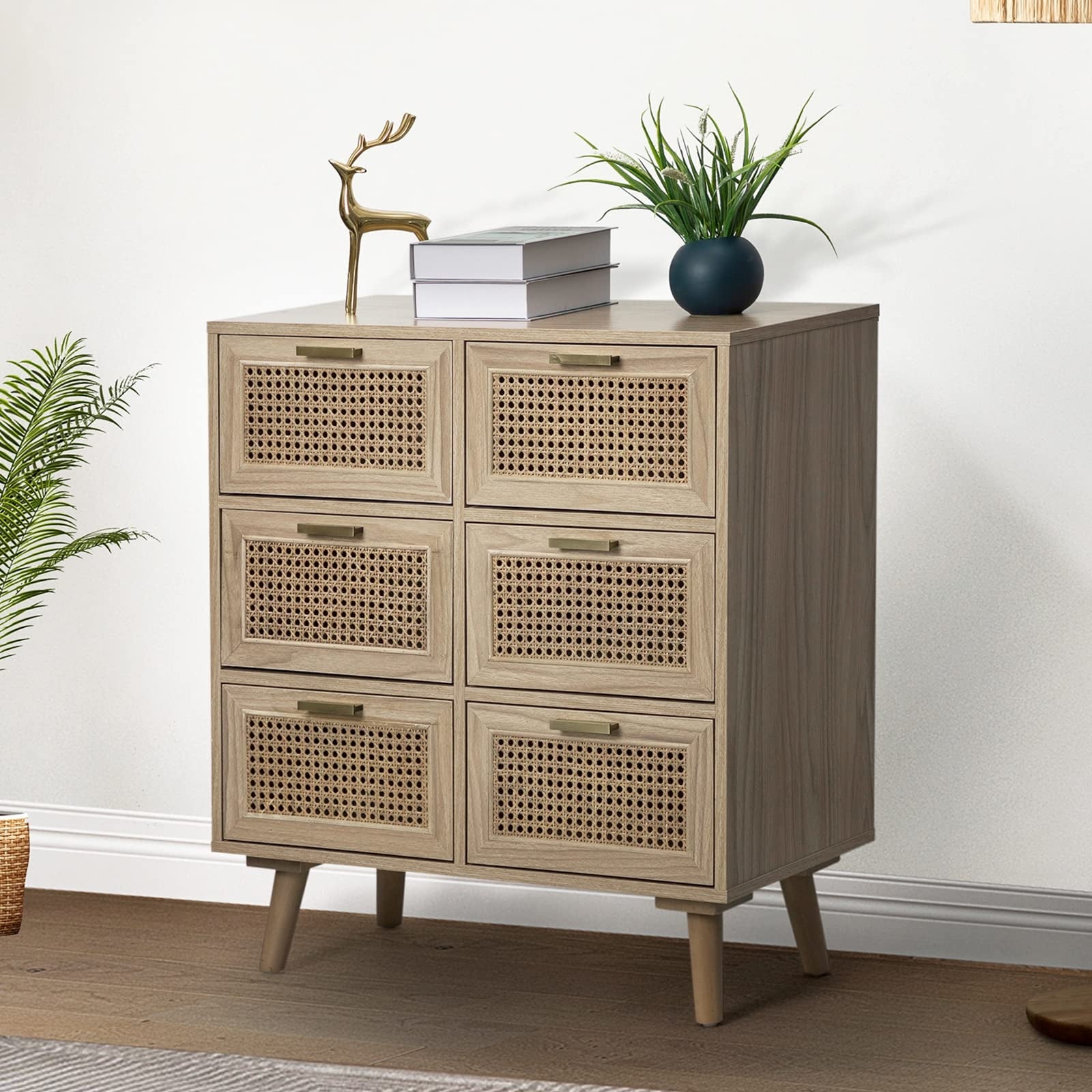 Dresser for Bedroom with 6 Drawers， Wood Chest of Rattan Decorated Drawers， Boho Mid Century Modern Tall Dressers - as picture - - 37668636 - Mycitystee