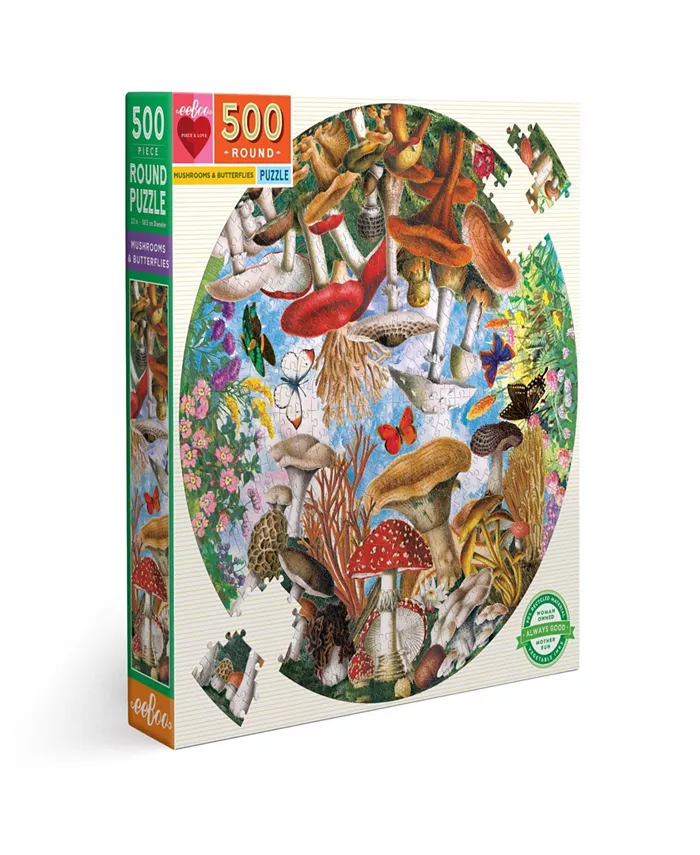 Eeboo Piece and Love Mushrooms and Butterflies Round Circle Jigsaw Puzzle Set， 500 Pieces - Mycitystee
