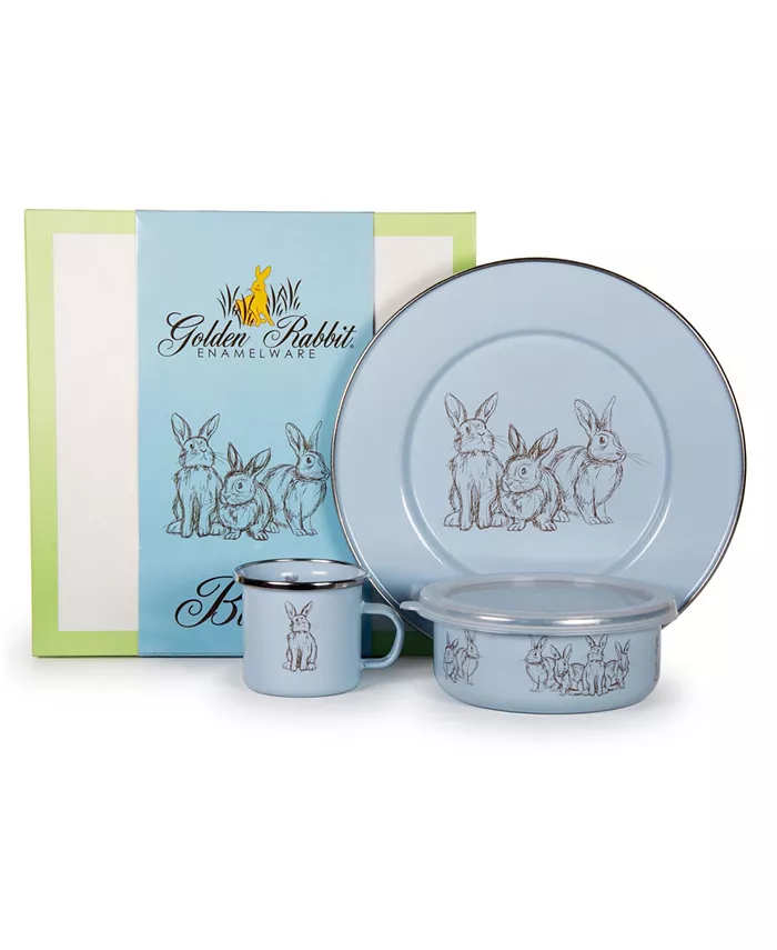 Golden Rabbit Blue Bunnies Enamelware Collection 3 Piece Kids Dinner Set - Mycitystee