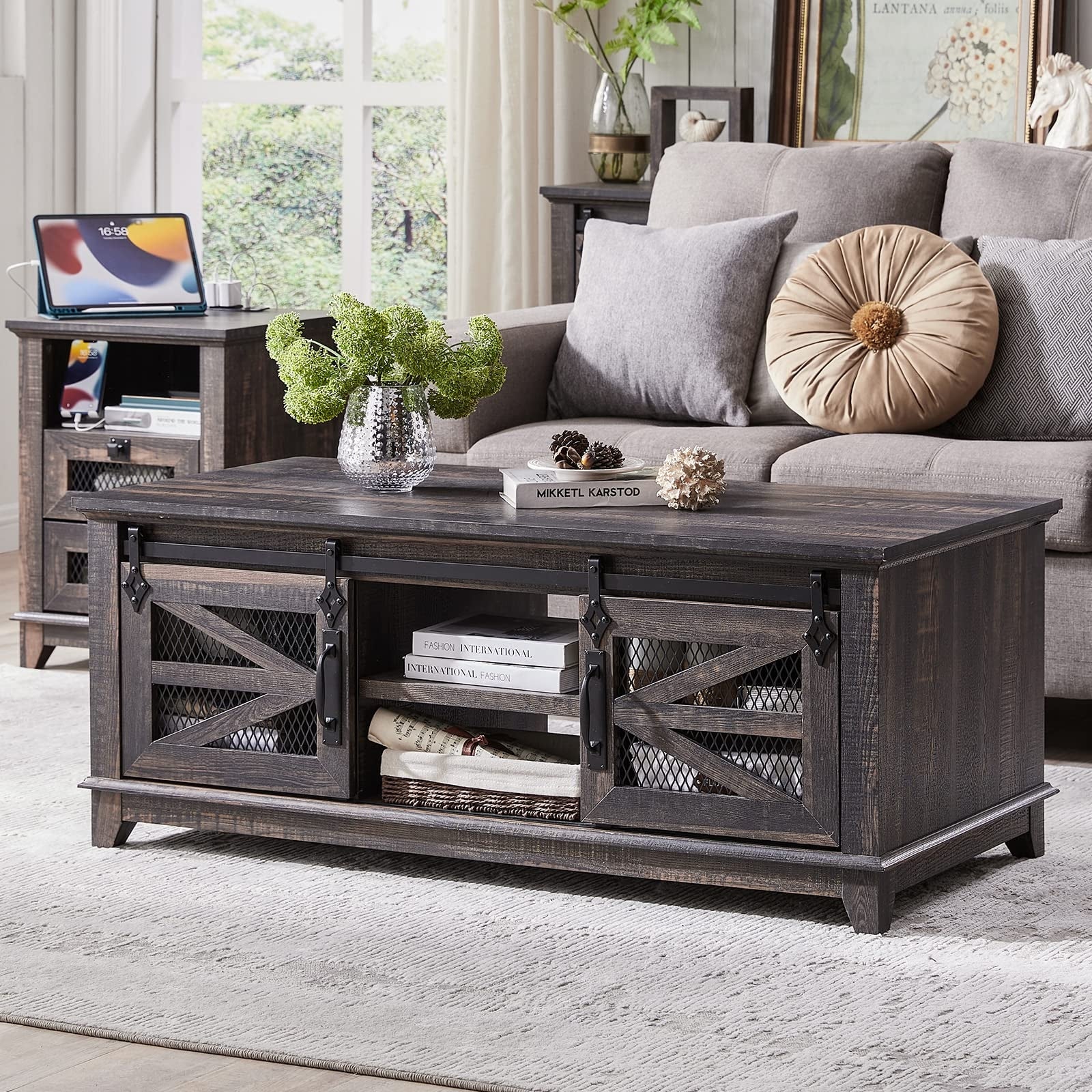 48'' Coffee Table with Storage and Sliding Barn Doors， Farmhouse and Industrial Center Table w/Adjustable Shelves - Mycitystee
