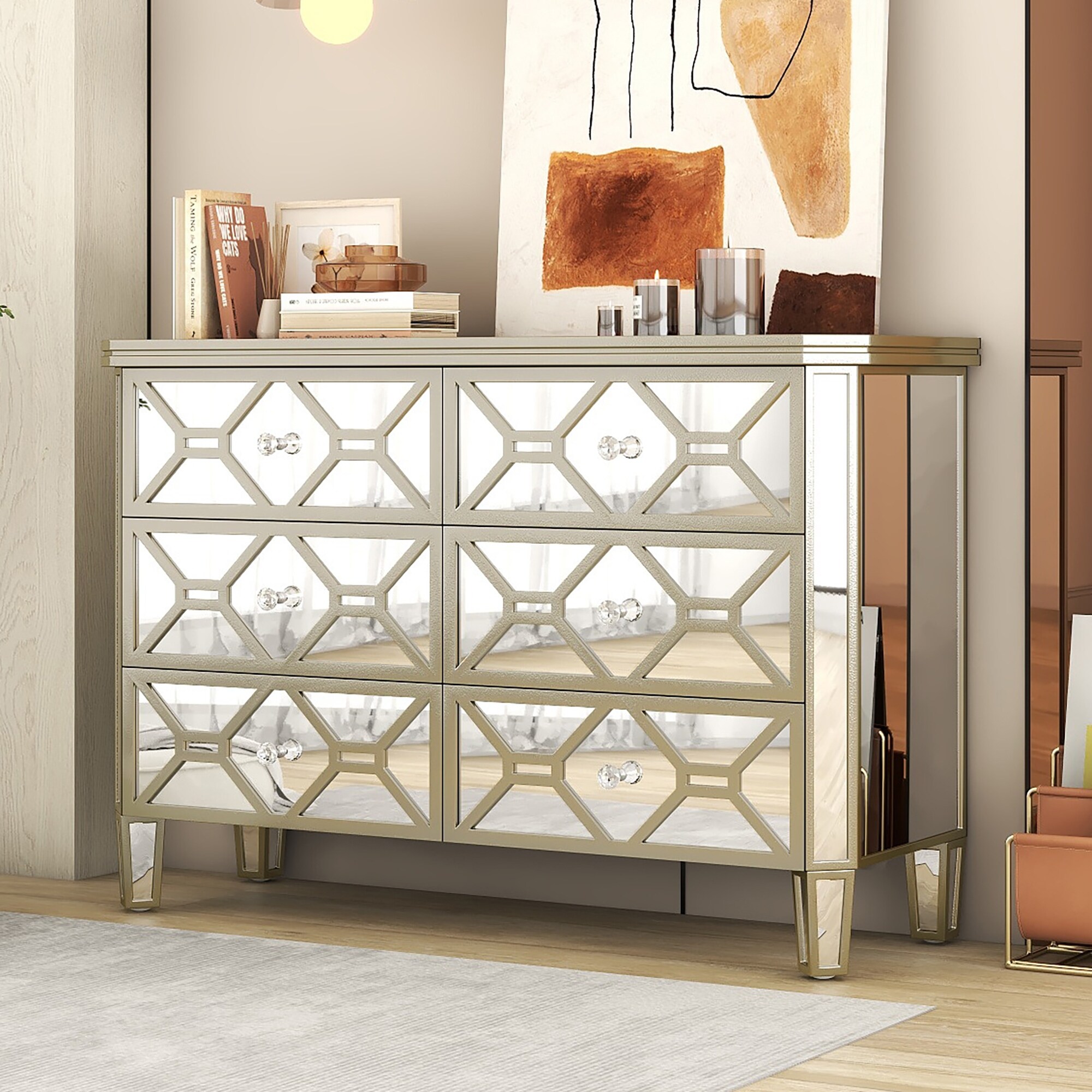 Elegant Mirrored 6-Drawer Dresser with Golden Lines Storage Cabinet - - 37857287 - Mycitystee