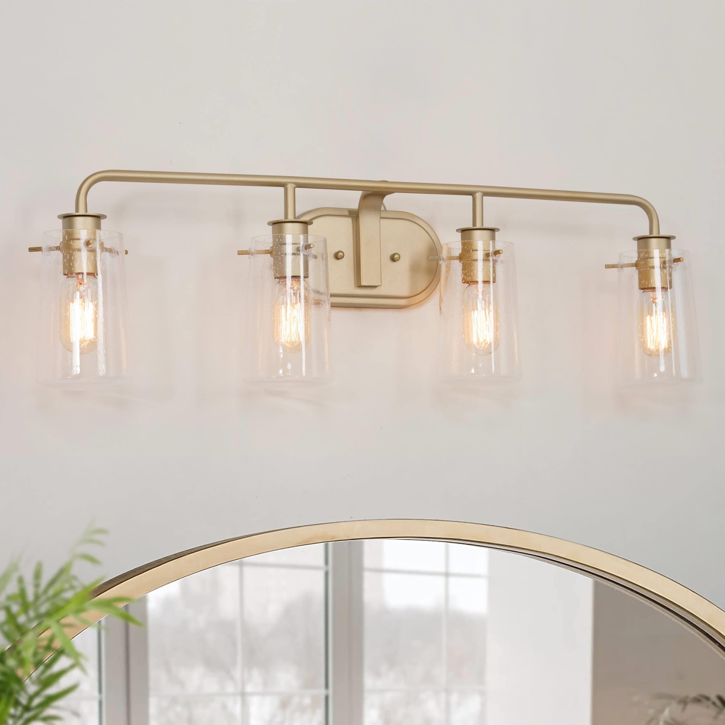 Modern Gold 4-Light Bathroom Vanity Lights Seeded Glass Wall Sconces - L31