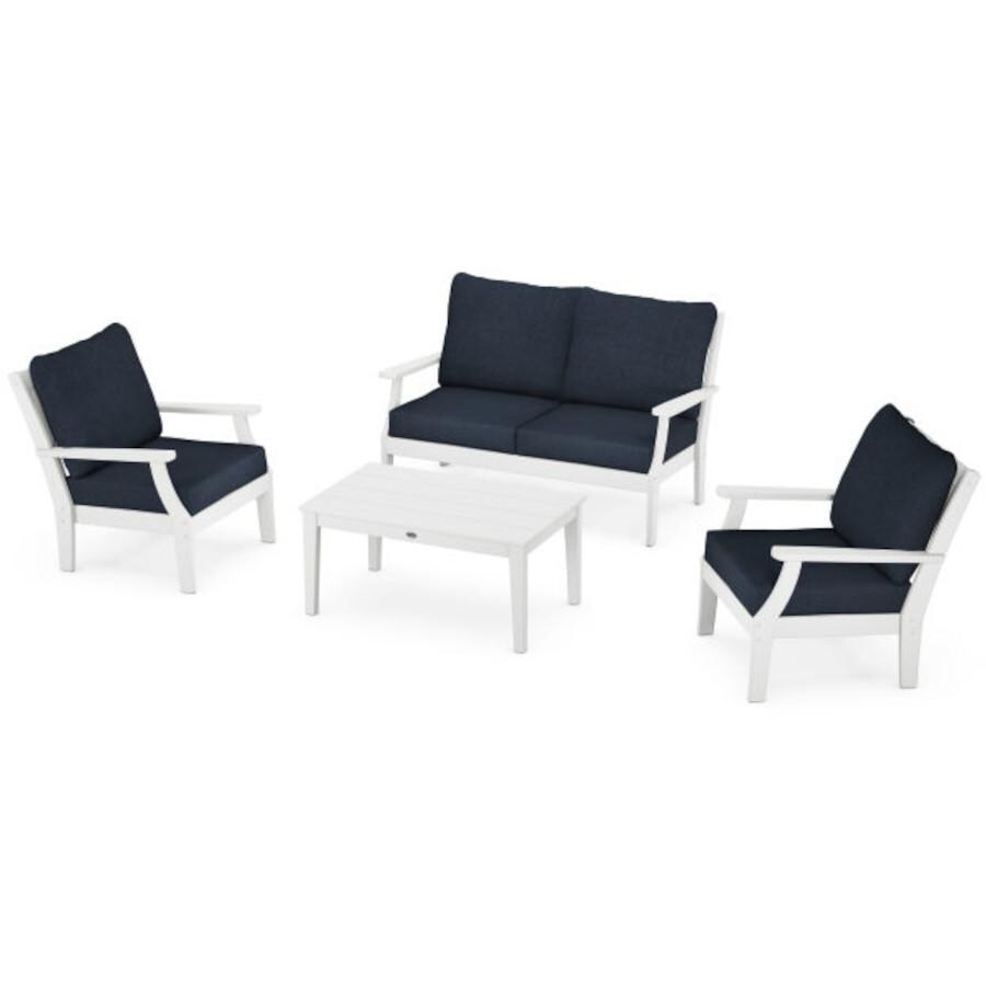 POLYWOOD Braxton 4-Piece Deep Seating Chair Set in White / Marine Indigo - Mycitystee