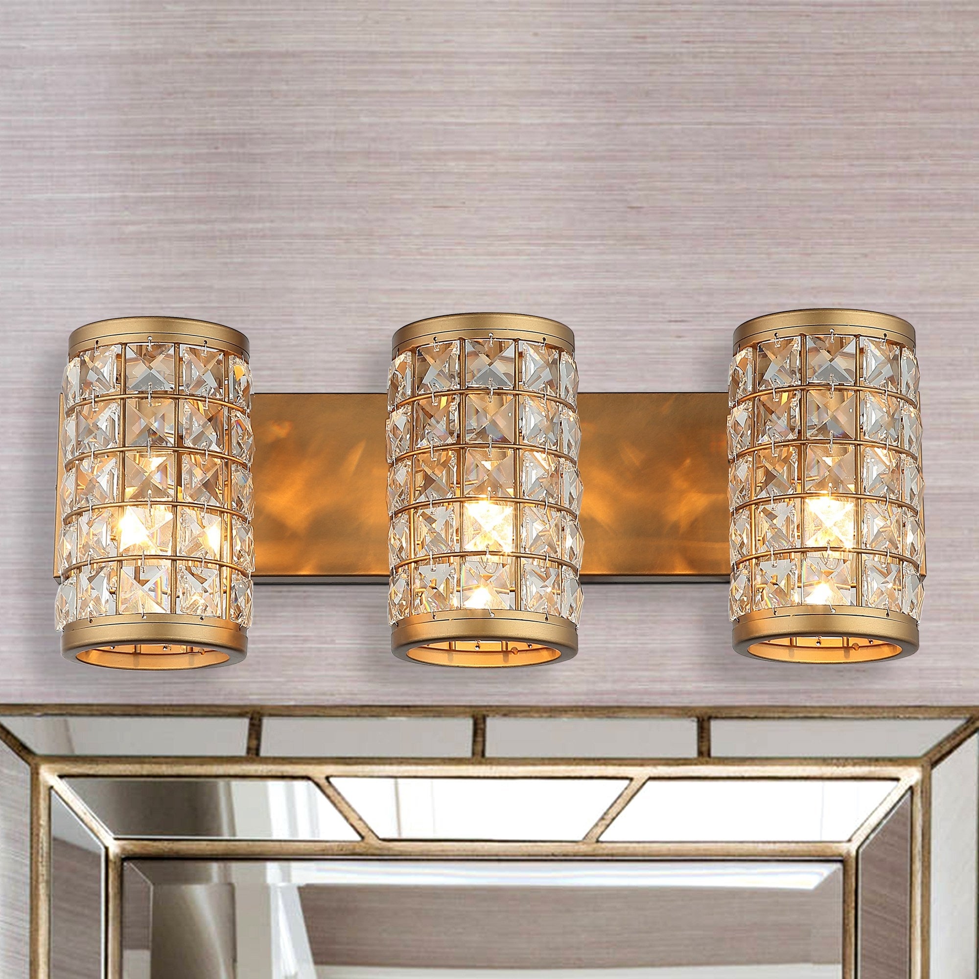 Aged Brass 3-Light Crystal Bathroom Vanity Lights Wall Sconce - 21.65-in W x 7.72-in H x 7.4-in D - Mycitystee