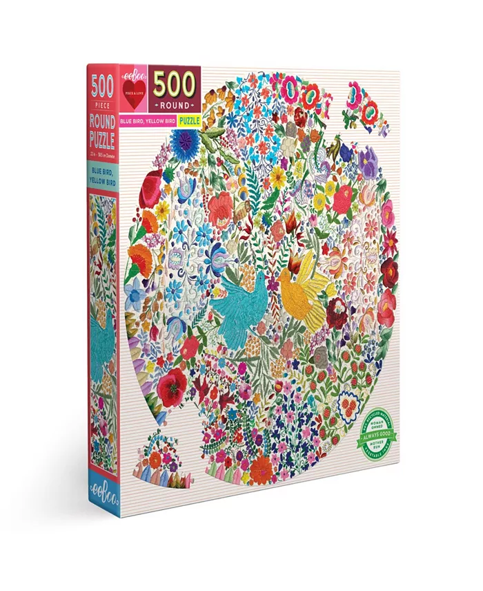 Eeboo Piece and Love Blue Bird Yellow Bird Adult Round Jigsaw Puzzle - Mycitystee