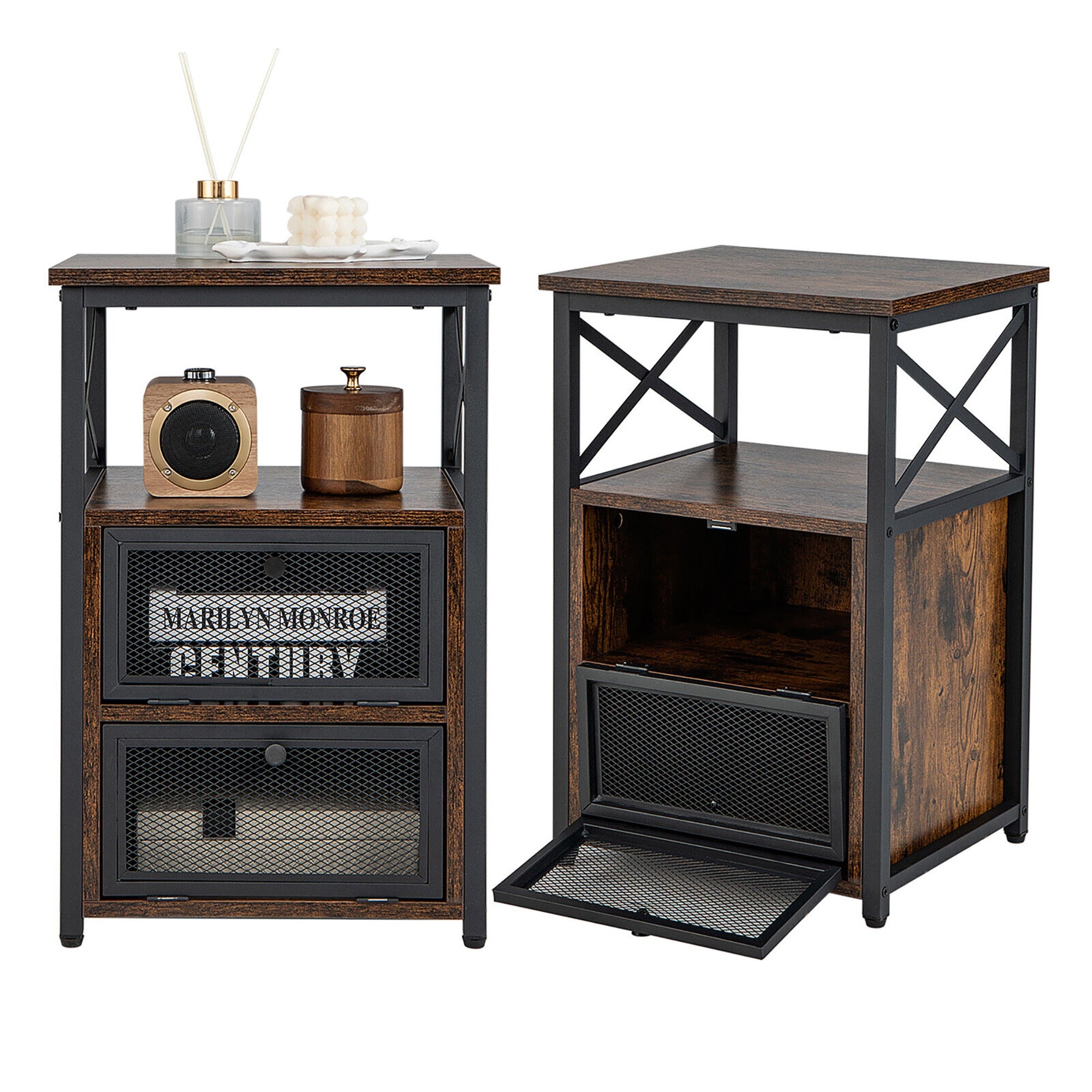 Gymax 2PCS Side End Table Nightstands w/ 2 Open shelves and 2 Flip - Mycitystee