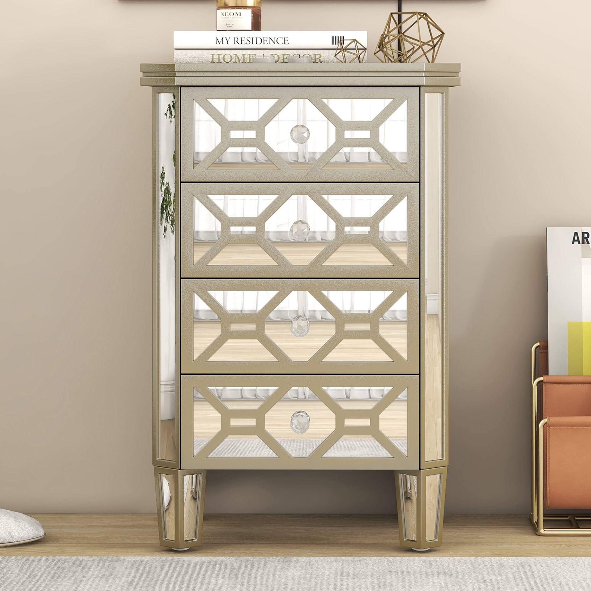 Elegant Mirrored 4-Drawer Chest with Golden Lines Storage Cabinet - - 37857305 - Mycitystee