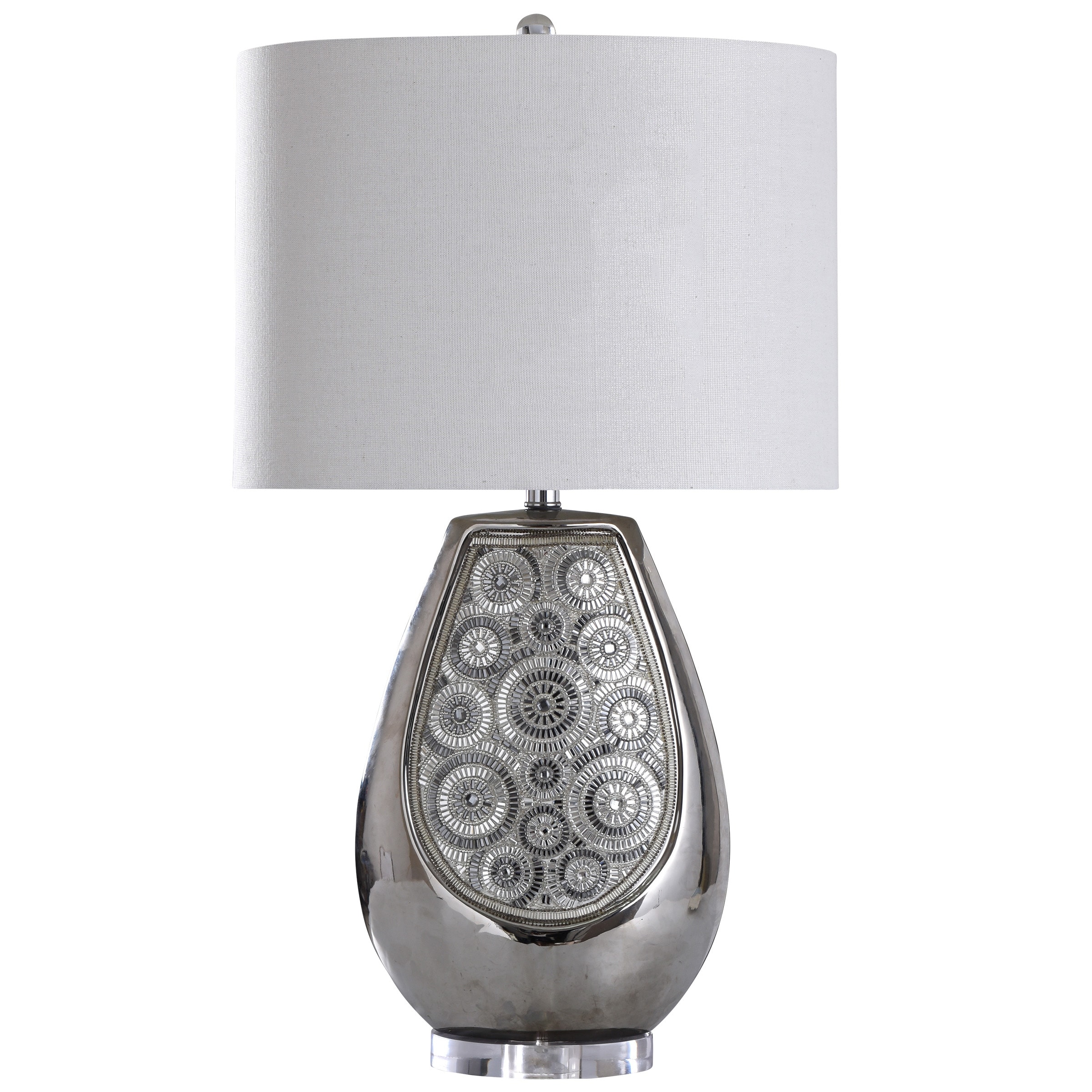 StyleCraft Selsey Crystal Circular Design Ceramic Table Lamp with Off White Fabric Drum Shade - Mycitystee