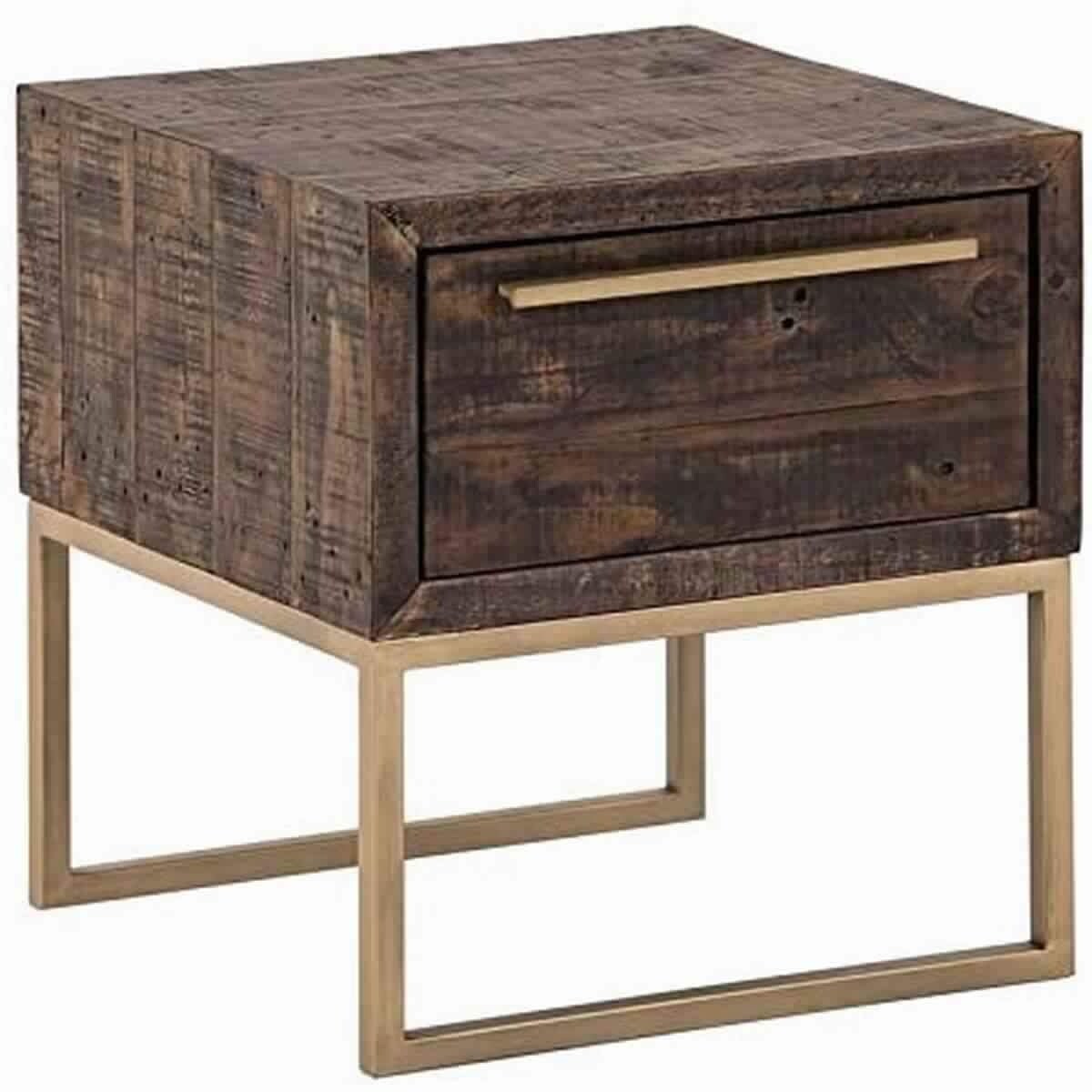 Wooden Lamp Table with 1 Storage Drawer and Metal Base， Brown and Gold - 20 H x 18 W x 18 L Inches - Mycitystee