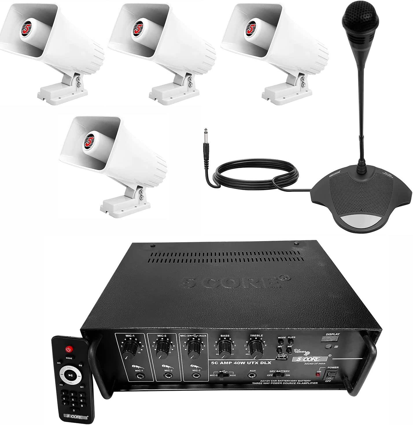 5 Core 4 Pieces Outdoor 6 Inch PA Horn Speaker with 1 Pc  Meeting Mic & 40W Amplifier For Truck, Boat, RV PACKET 40 - Mycitystee