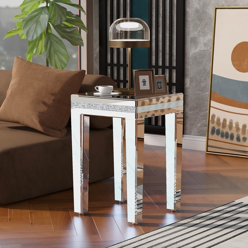 Fashionable Modern Glass Mirrored Side Table， Easy Assembly End Table with Crystal Design and Adjustable Height Legs - Mycitystee