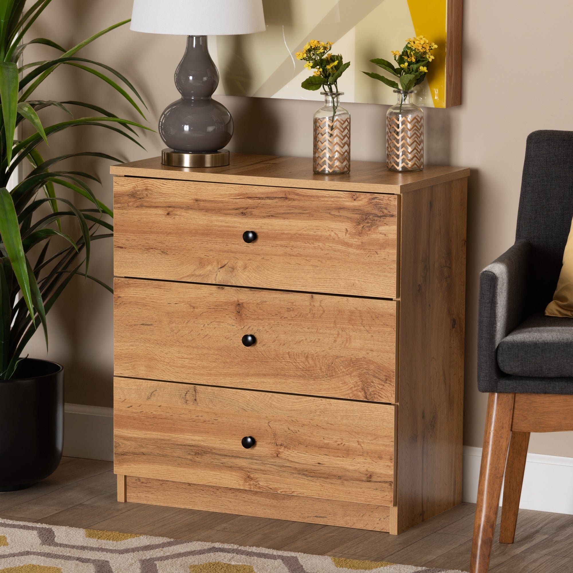 Decon Modern Oak Brown Finished Wood 3-Drawer Storage Chest - - 33914446 - Mycitystee