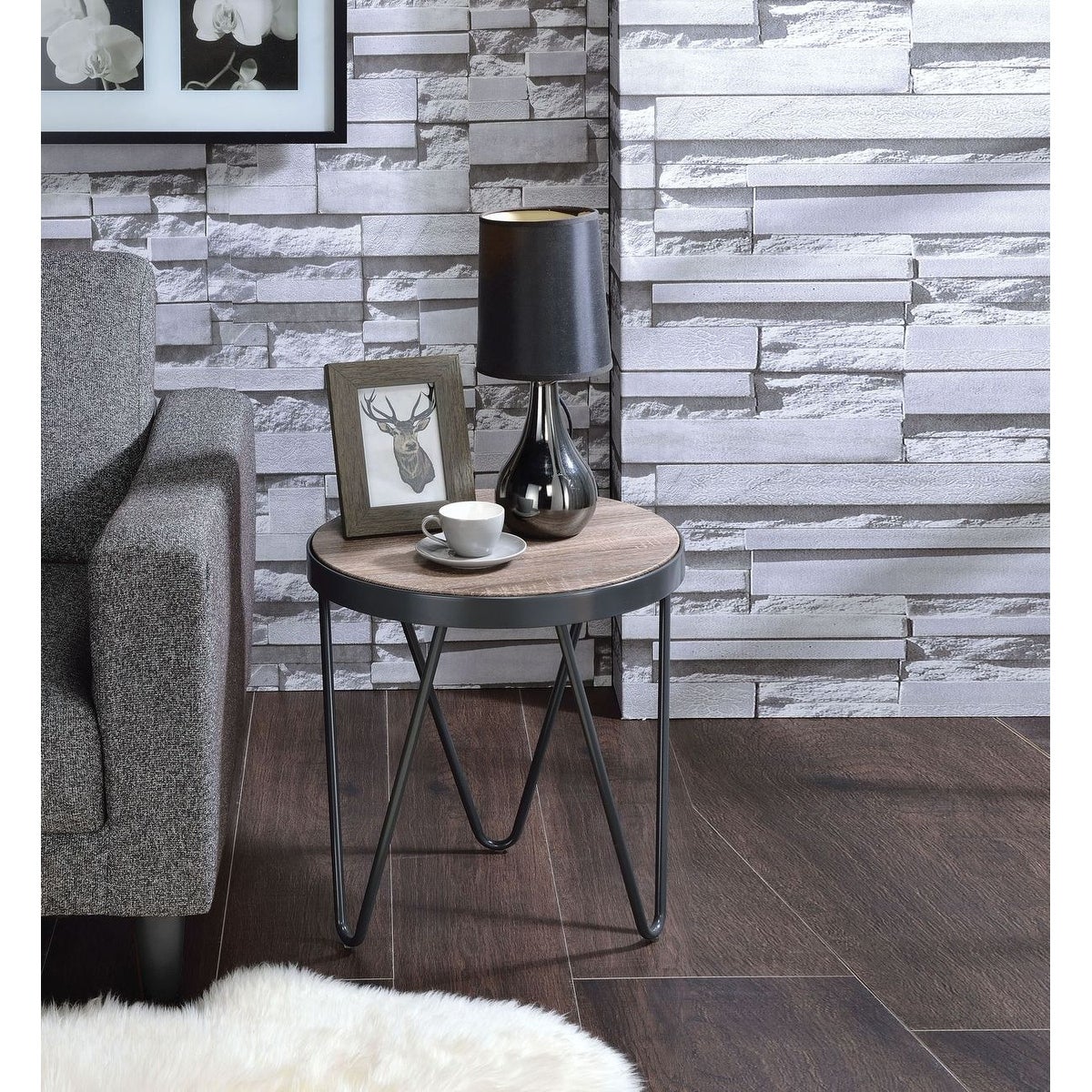 Industrial Style Bage Round End Table in Weathered Gray Oak and Metal - Mycitystee