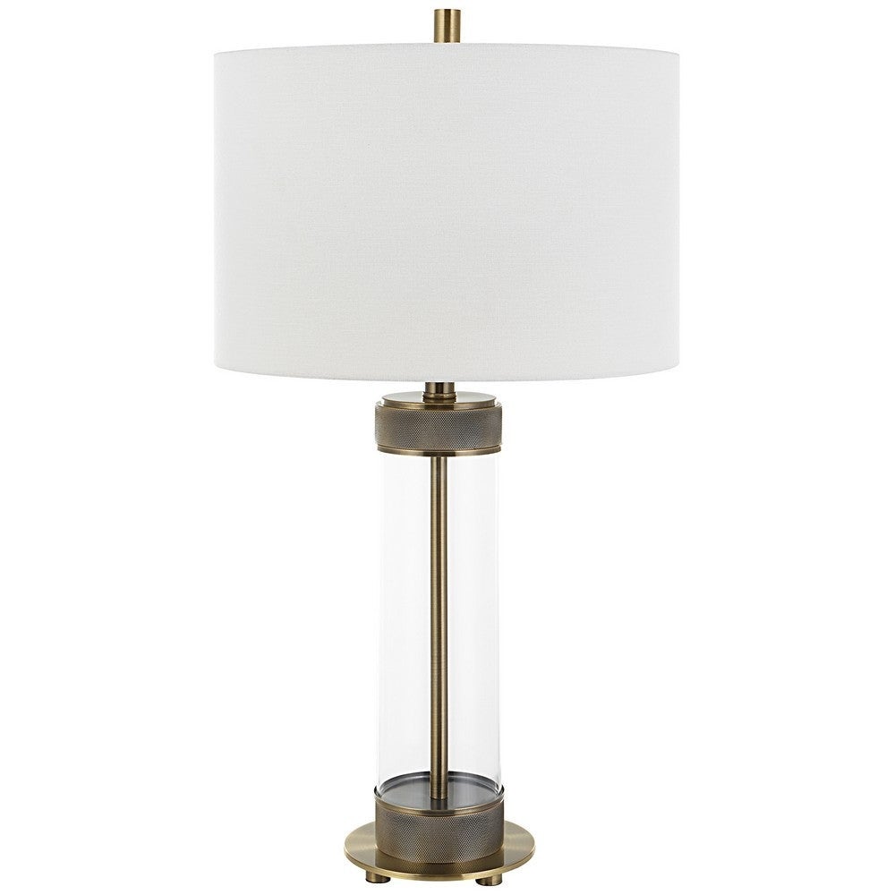 28 Inch Metal Table Lamp， Glass Case Design， Antique Brass， White - 14.5 L x 14.5 W x 28 H Inches - Mycitystee