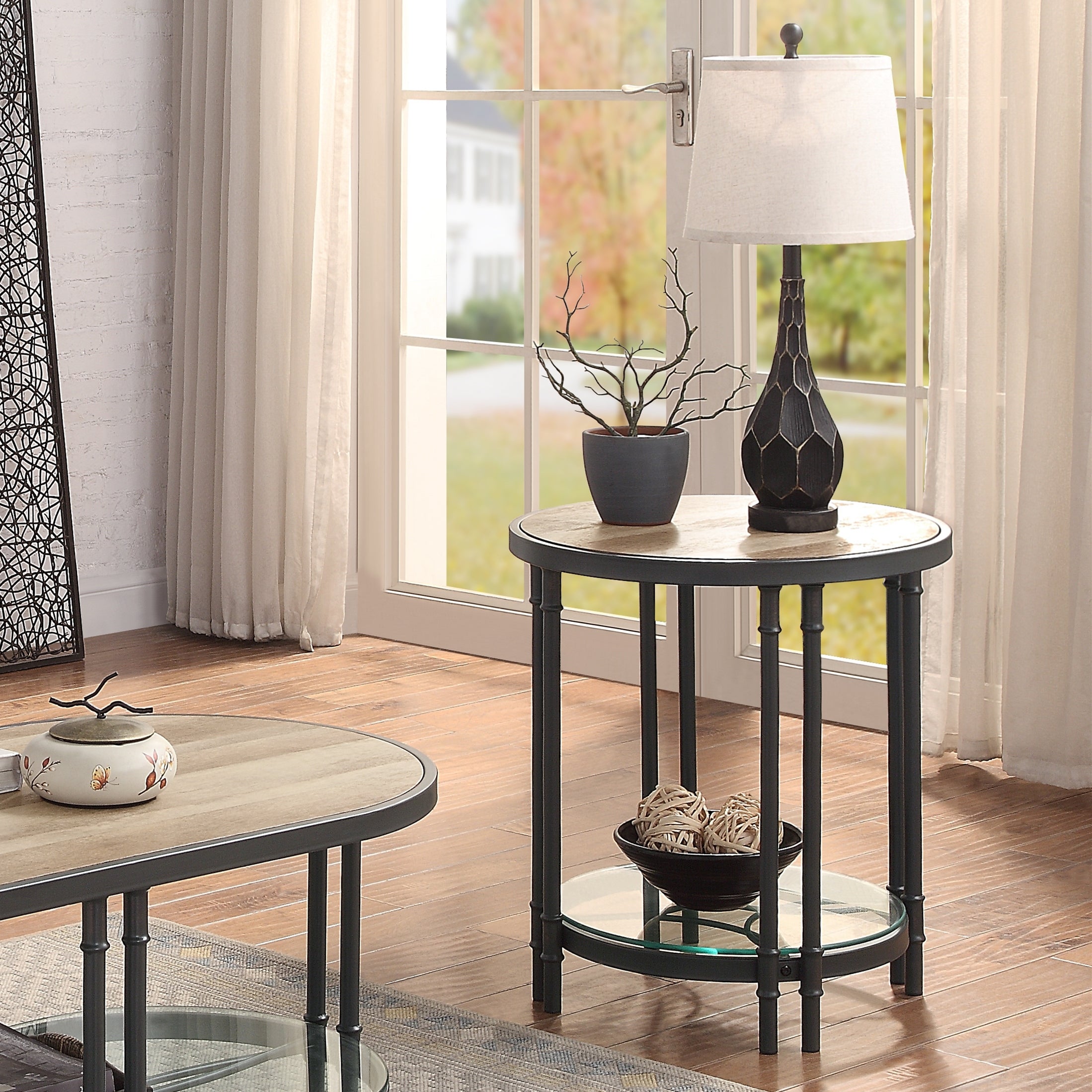 End Table in Oak and Sandy Black Finish KD Structure?1 Tier Shelf Included(Tempered Glass)?Top Thickness28 mm - Mycitystee