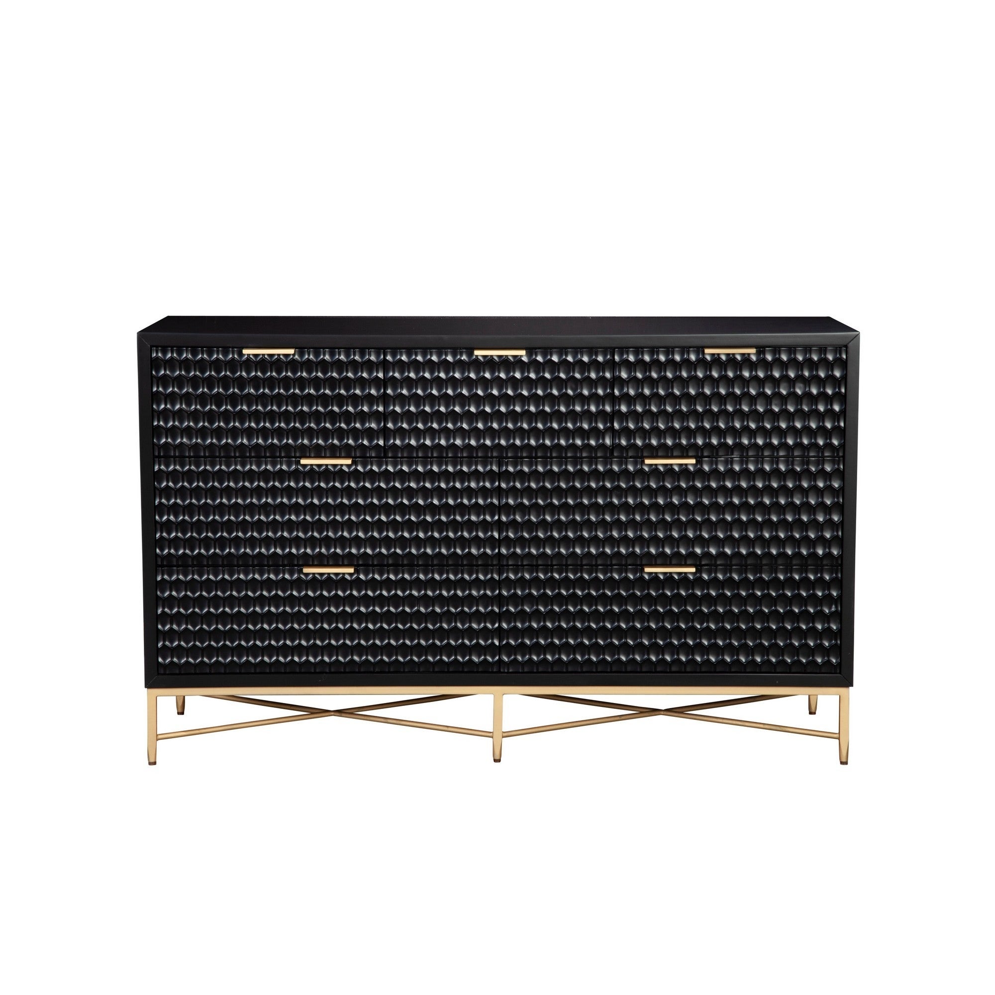Rexi 56 Inch 7 Drawer Dresser， Honeycomb Pattern， Black Mahogany Wood， Gold - - 36907768 - Mycitystee