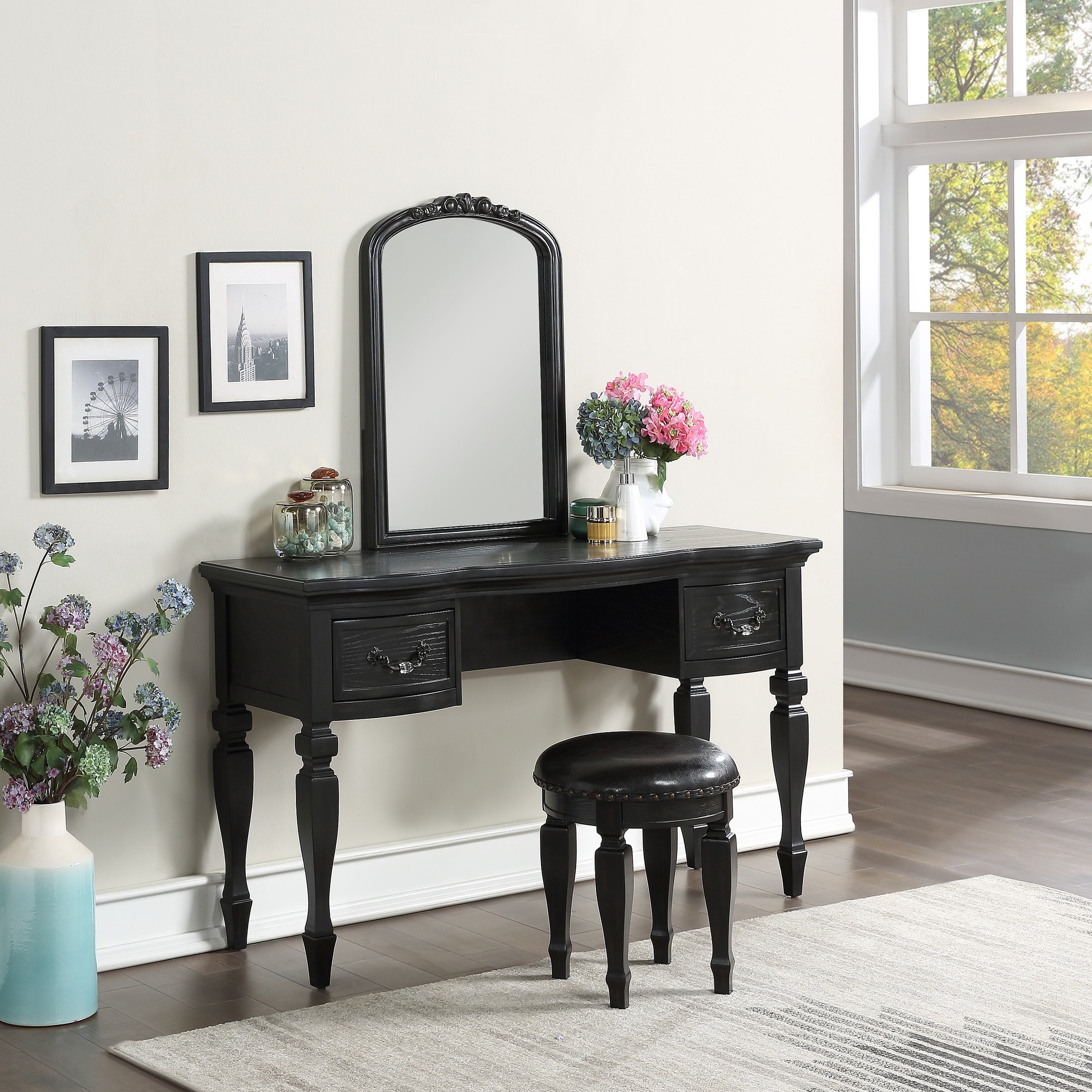 Dresser Classic Set Wooden Carved Mirror Stool Drawers Antique Black - - 35756067 - Mycitystee