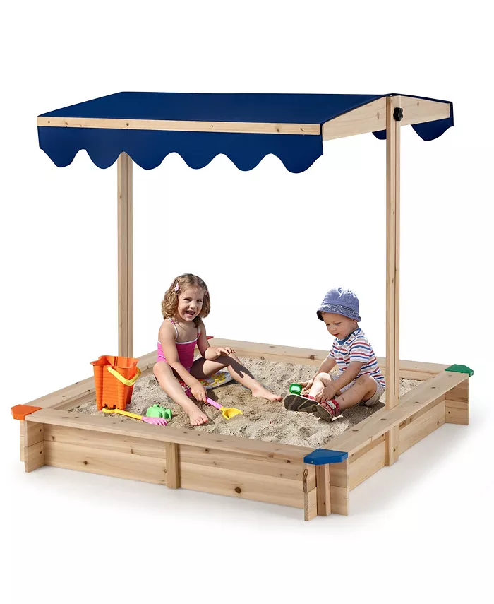 Costway Kids Wooden Sandbox with Height Adjustable Rotatable Canopy Outdoor Playset - Mycitystee