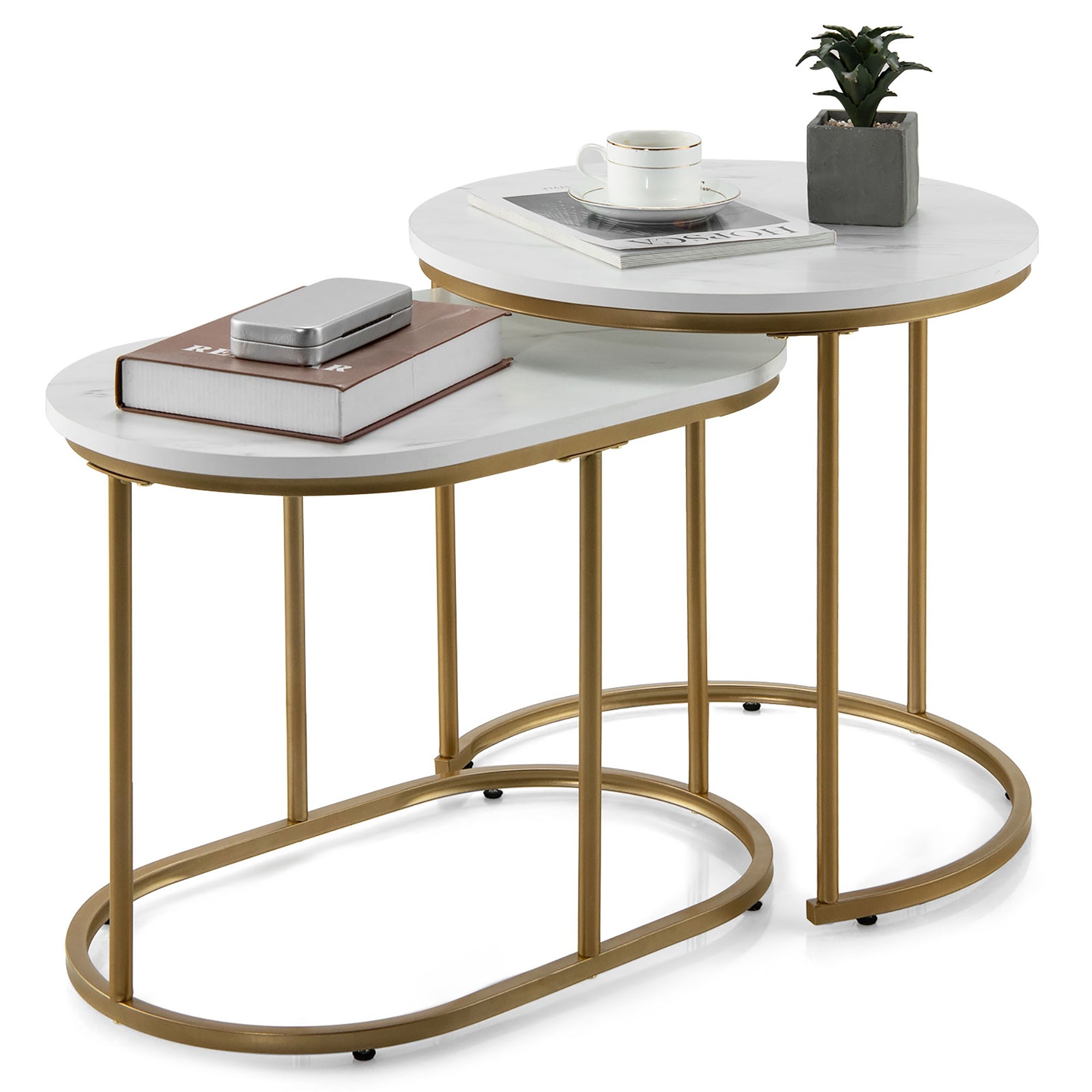 Costway Nesting Coffee Table Modern Set of 2 Marble Coffee Side Table - Mycitystee