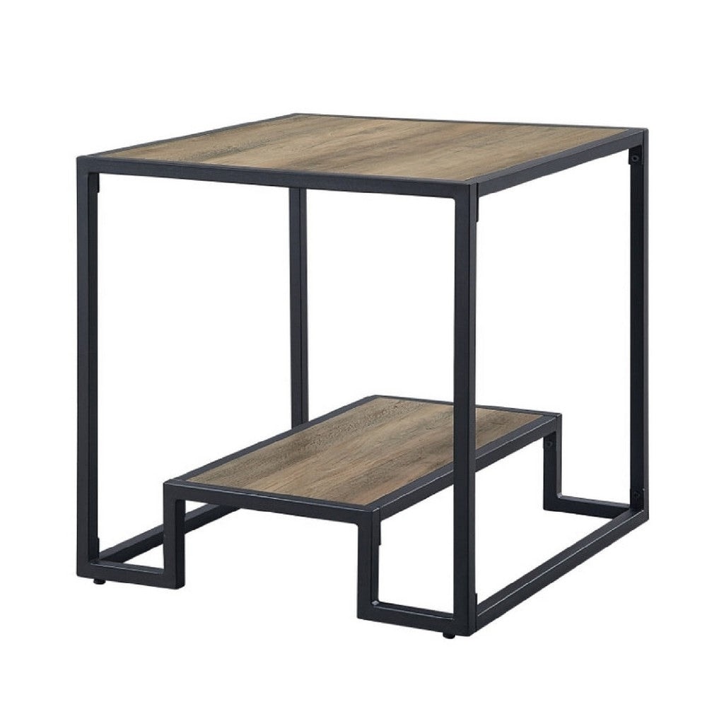 Lea 22 Inch Wood End Table， Grain Details， Metal Frame， Rustic Oak - 22 L x 22 W x 22 H Inches - Mycitystee