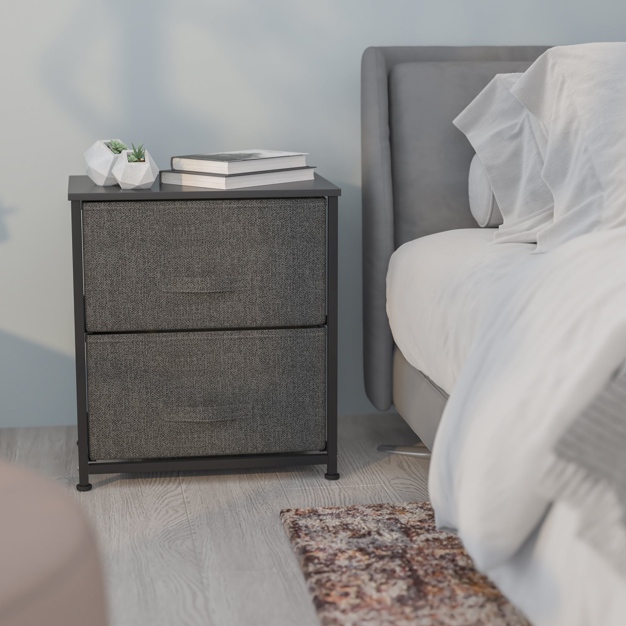 Offex 2 Drawer Wood Top Black Nightstand Storage Organizer， Dark Gray - - 35089752 - Mycitystee