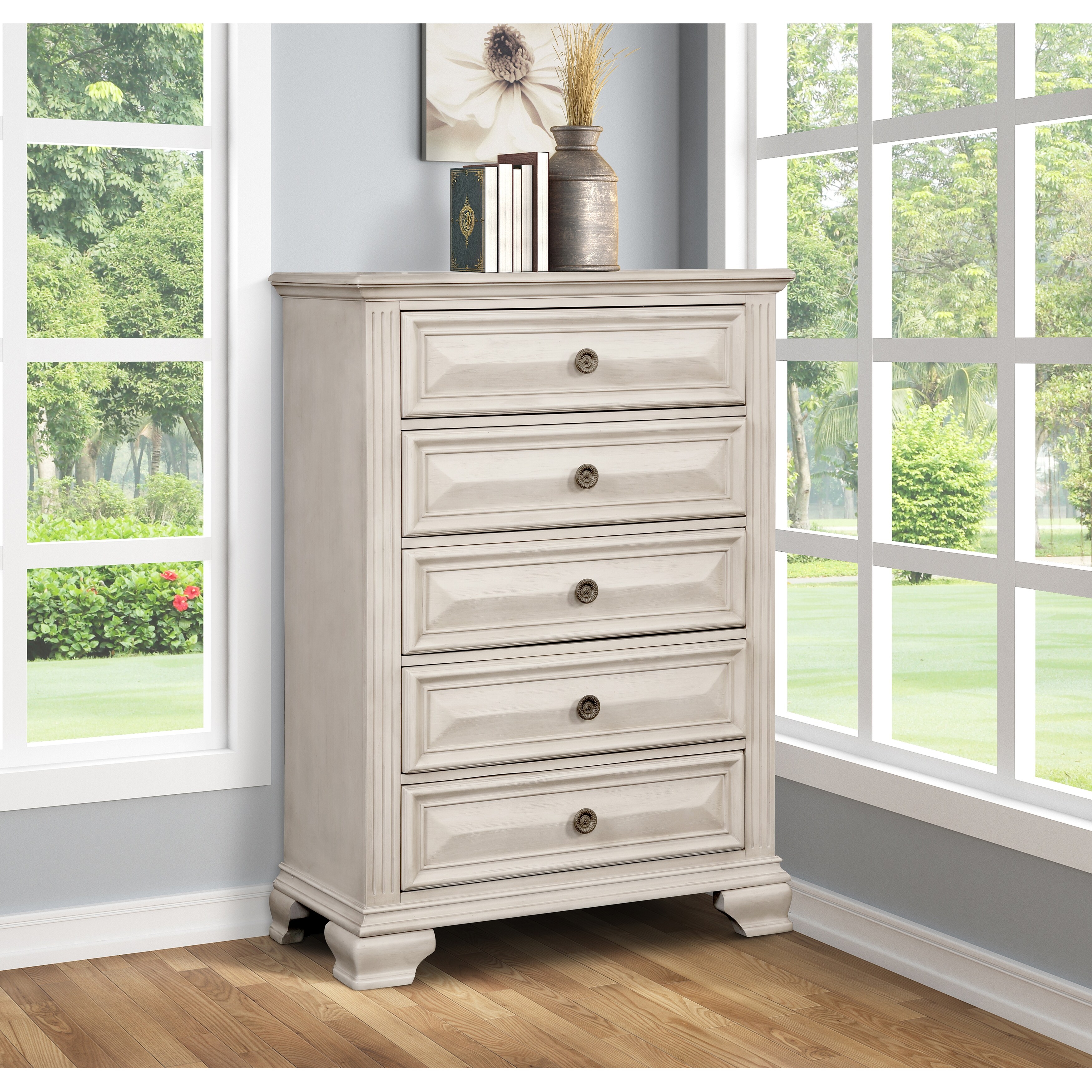 Roundhill Furniture Renova Distressed Parchment 5-Drawer Chest - - 31294004 - Mycitystee