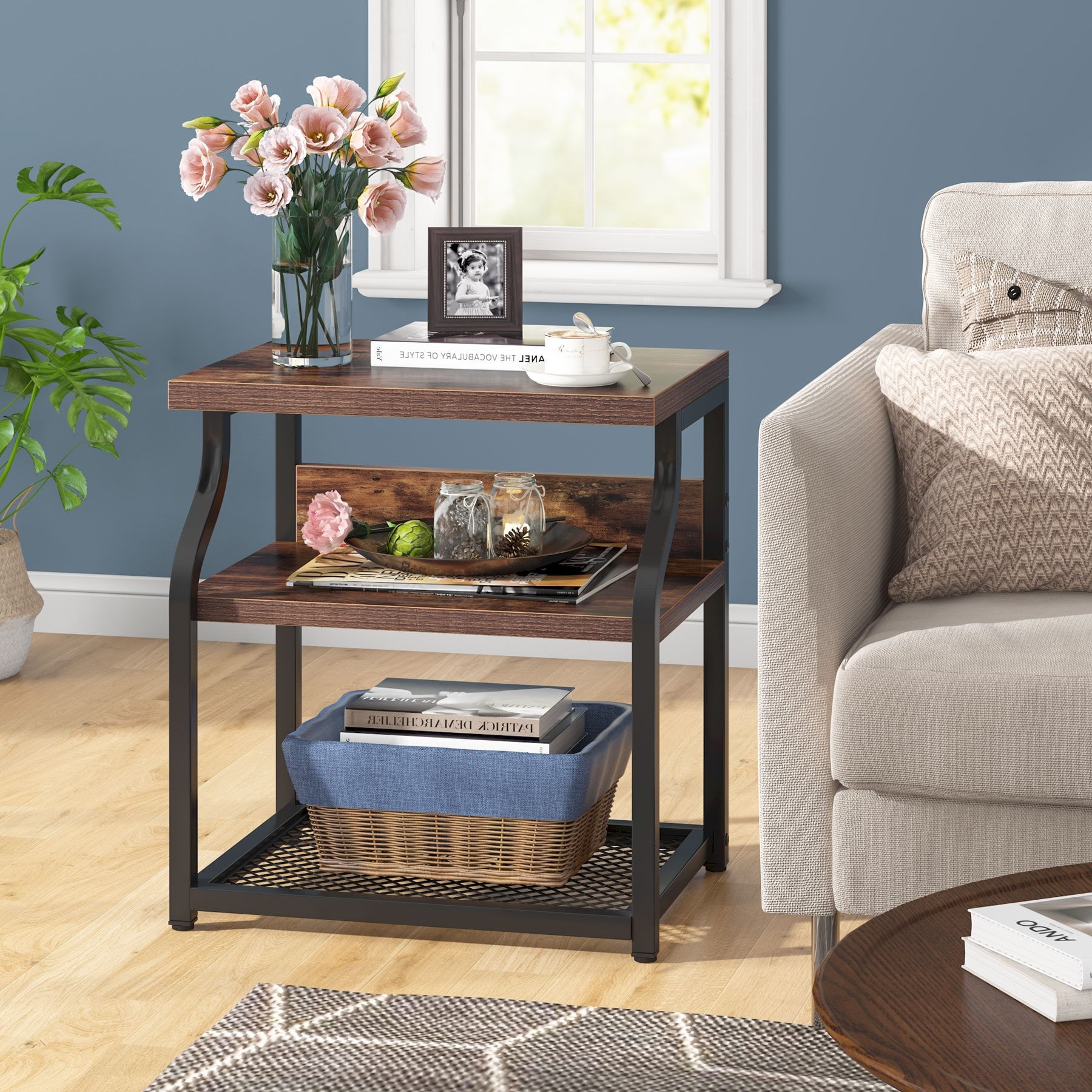 Side End Table ，Industrial 3-shelf Bedside Nightstands with Storage shelves for Small Space - Mycitystee