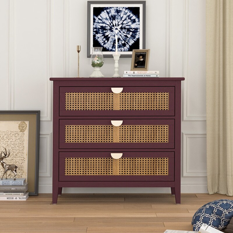Natural rattan Storage Cabinet Wooden Chest with 3 Drawer - - 37062585 - Mycitystee