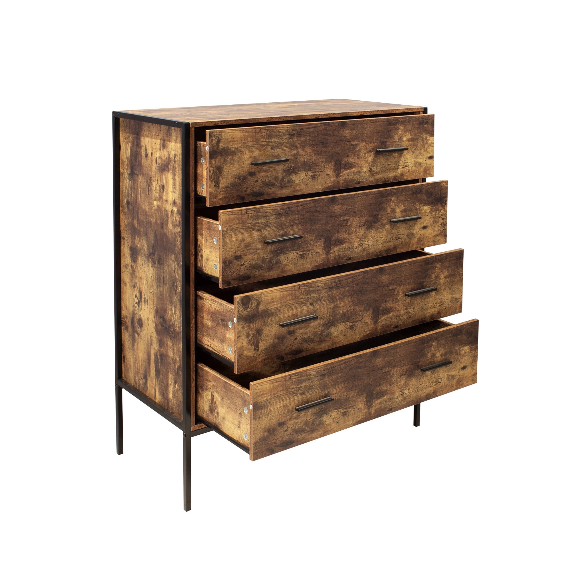 Industrial Style 4 Drawer Dresser; Rustic Brown Wood Storage Dresser Clothes Organizer with Sturdy Steel Frame - - 37776932 - Mycitystee