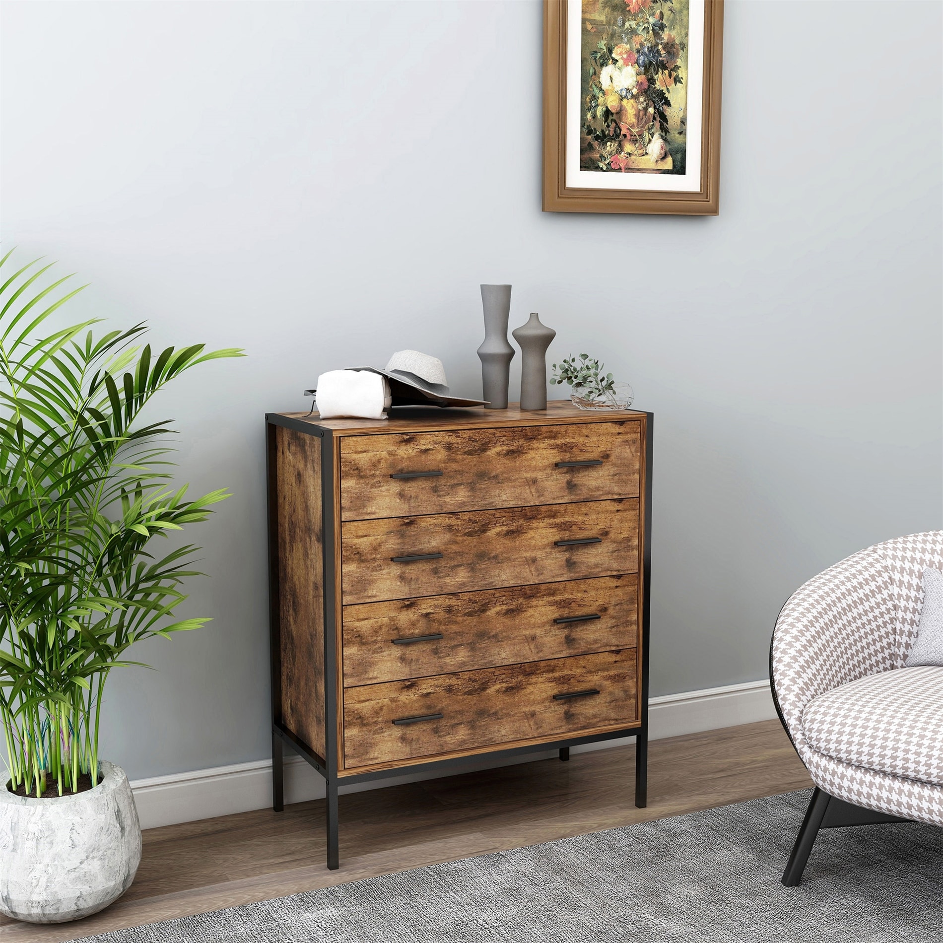 Rustic Brown Wood 4 Drawer Dresser with Sturdy Steel Frame - - 37127932 - Mycitystee