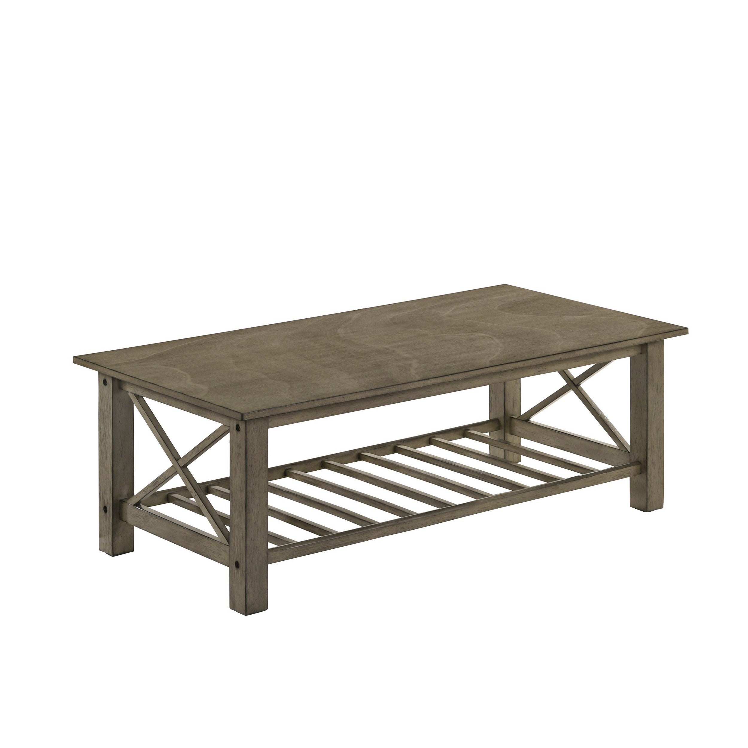 Viki 47 Inch Gray Coffee Table， Crossed Accents， Slatted Open Bottom Shelf - Mycitystee