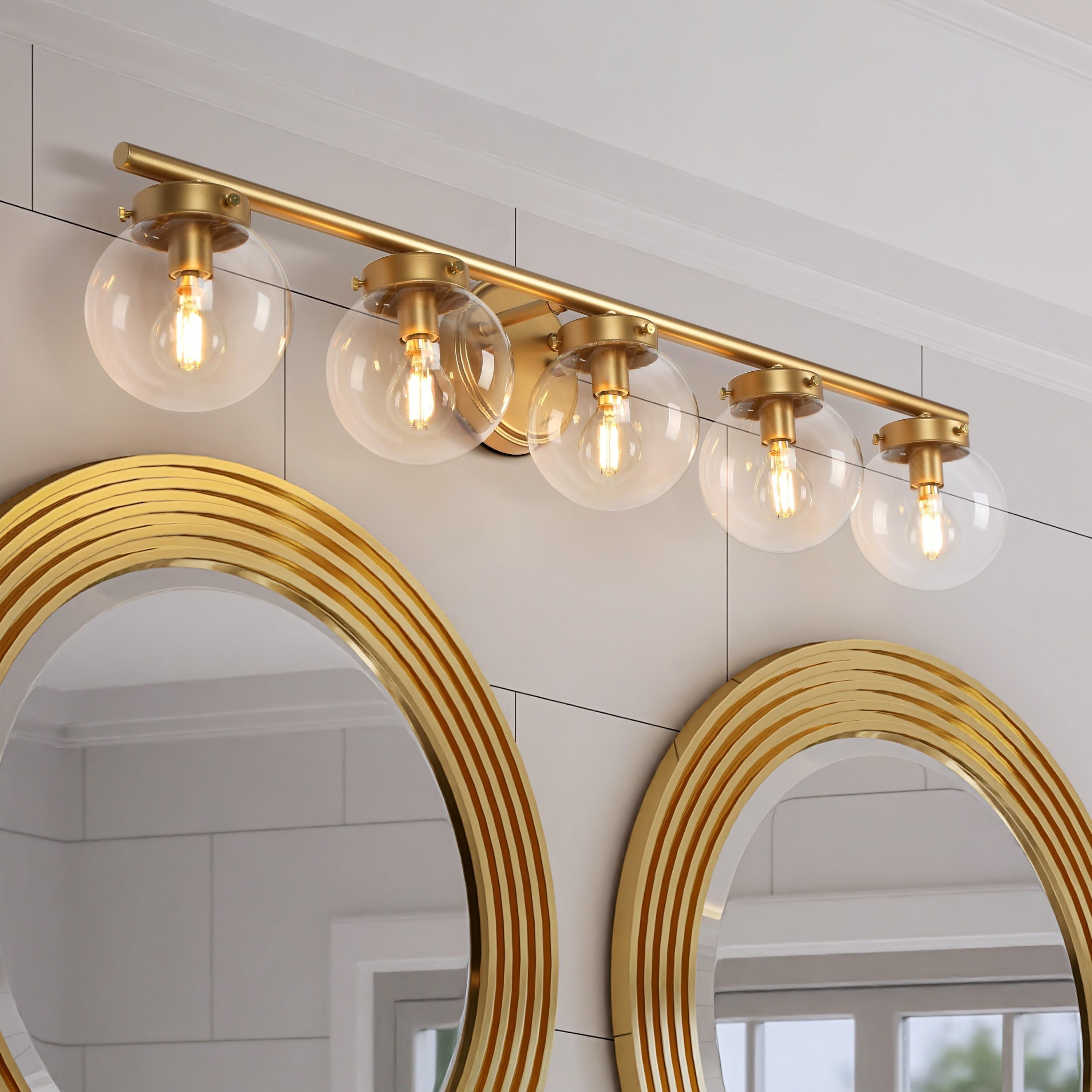 Rella Modern Gold 5-Light Bathroom Vanity Lights Dimmable Globe Glass Wall Sconces - L 34.2
