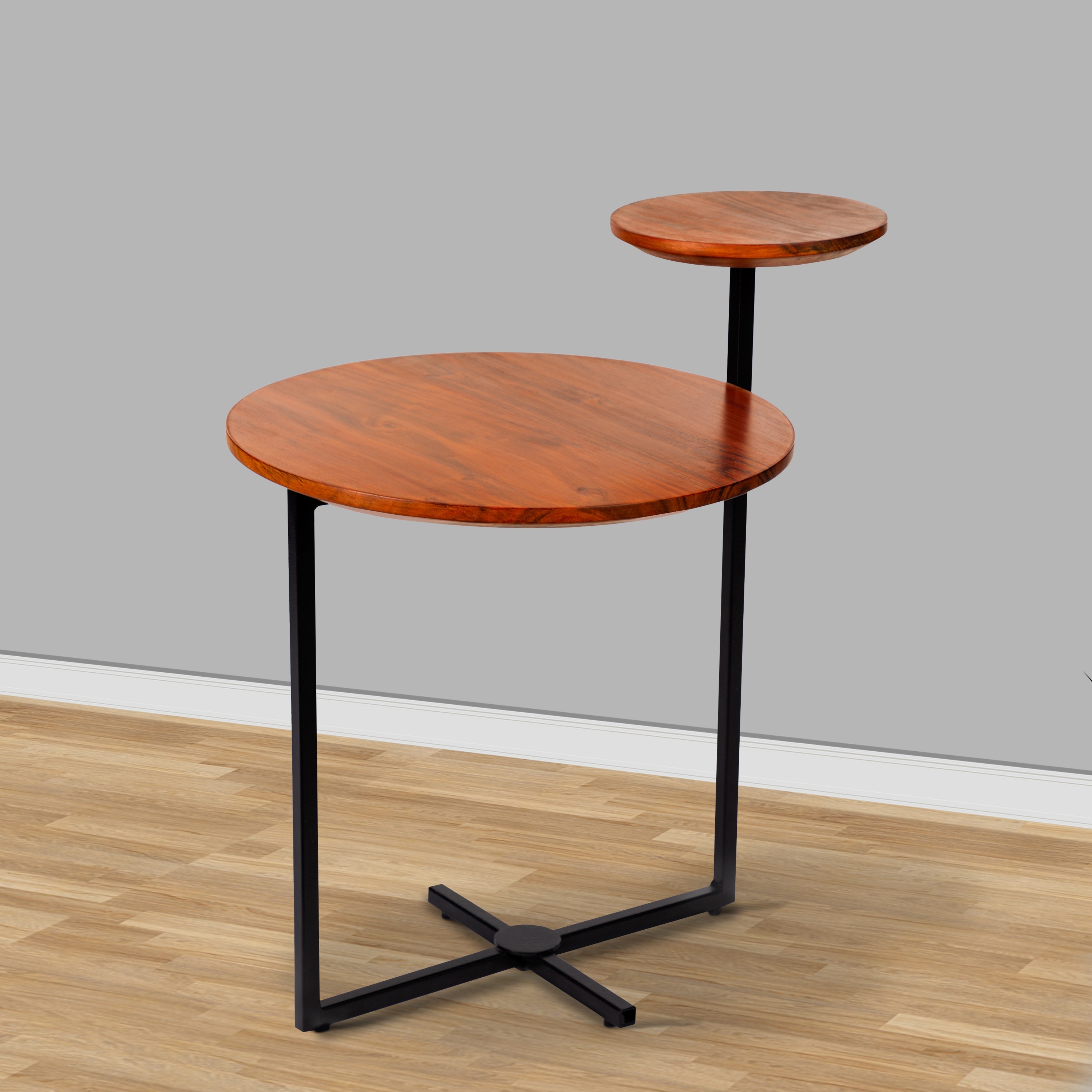 21 Inch Acacia Wood Accent End Table with 2 Tier Tabletops， Cross Shaped Base - Mycitystee