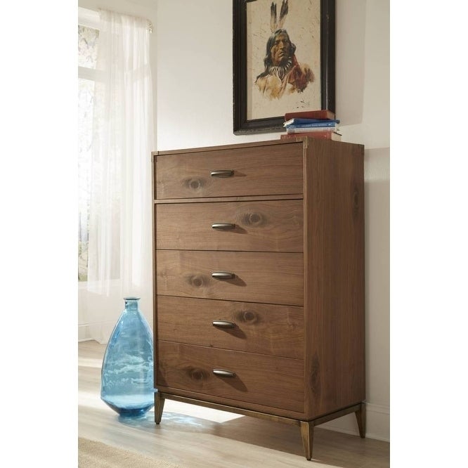 Five Drawer Chest with Bronzed Brass Corner Brackets and Base， Natural Walnut Brown - - 30636522 - Mycitystee
