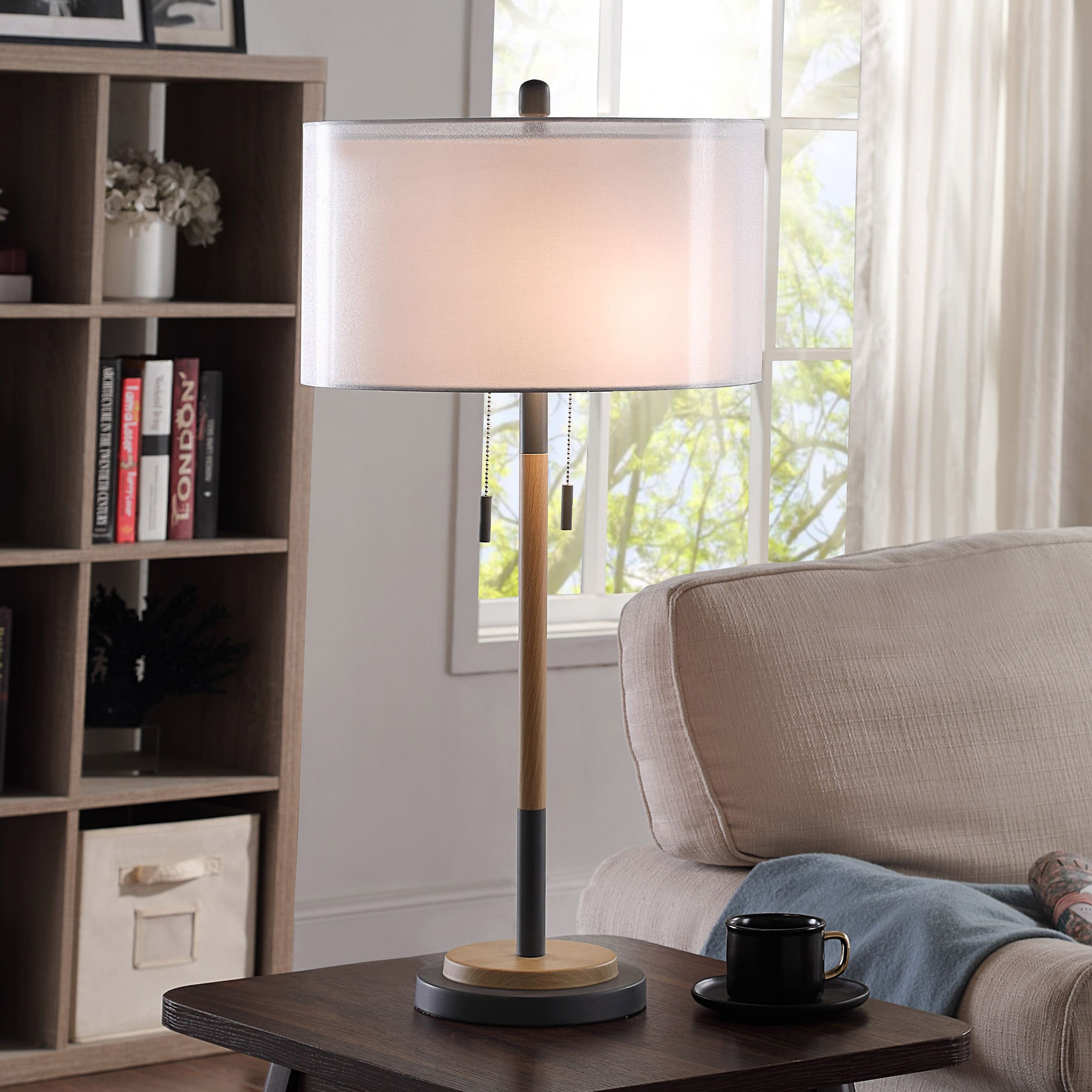 StyleCraft Lari Industrial Black and Wood Dual Finish Table Lamp with Sheer Clear White Drum Shade - Mycitystee