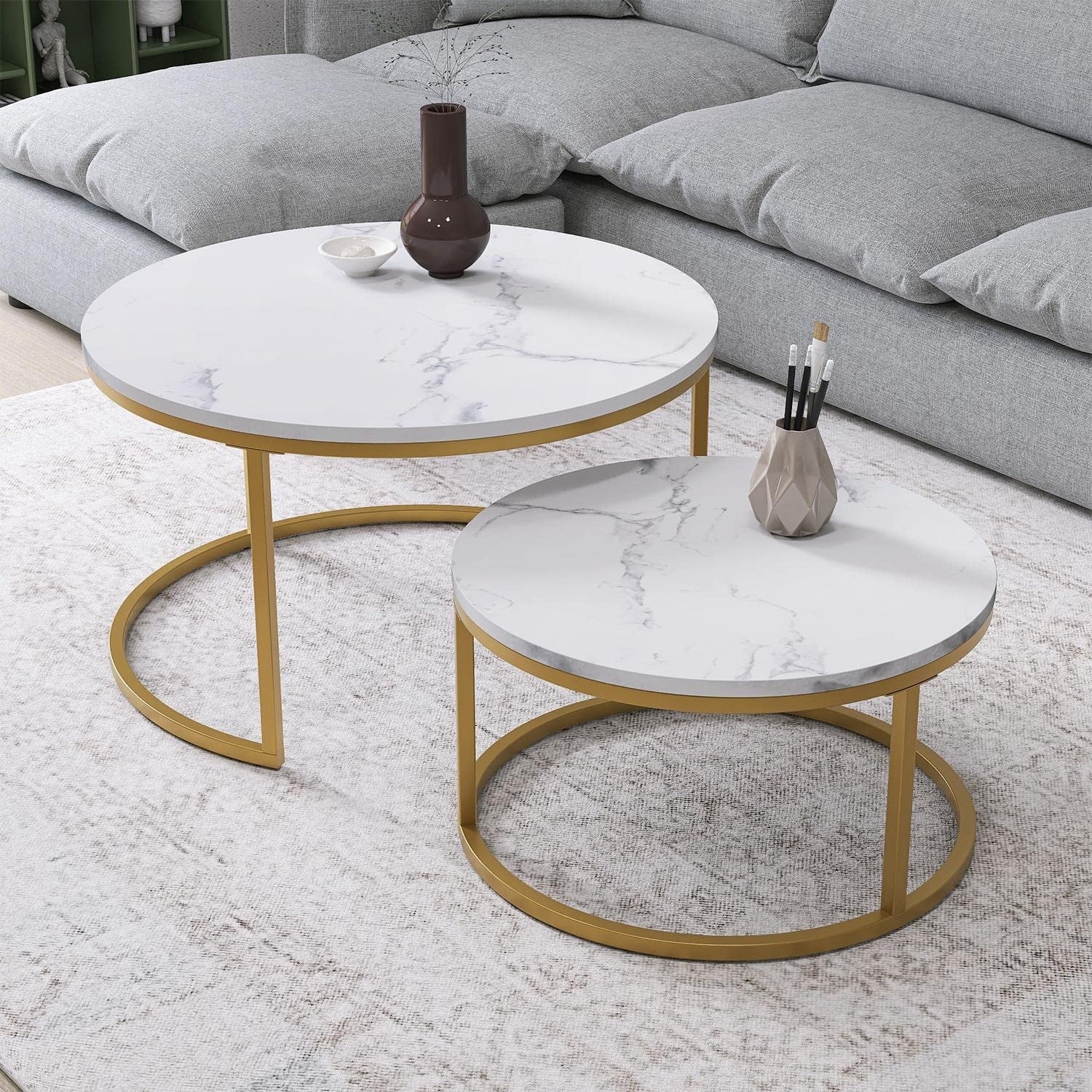 Modern Nesting Coffee Table Set of 2， Round Marble Coffee Table MDF Faux Marble Wood - as picture - Mycitystee