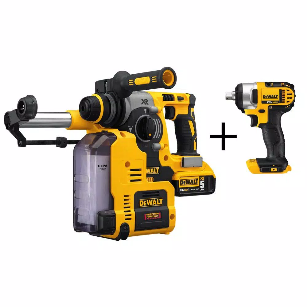 DEWALT 20-Volt MAX XR 1 in. SDS Plus L-Shape Rotary Hammer w/ Extractor， (2) 20-Volt 5.0Ah Batteries and 1/2 in. Impact Wrench and#8211; XDC Depot - Mycitystee