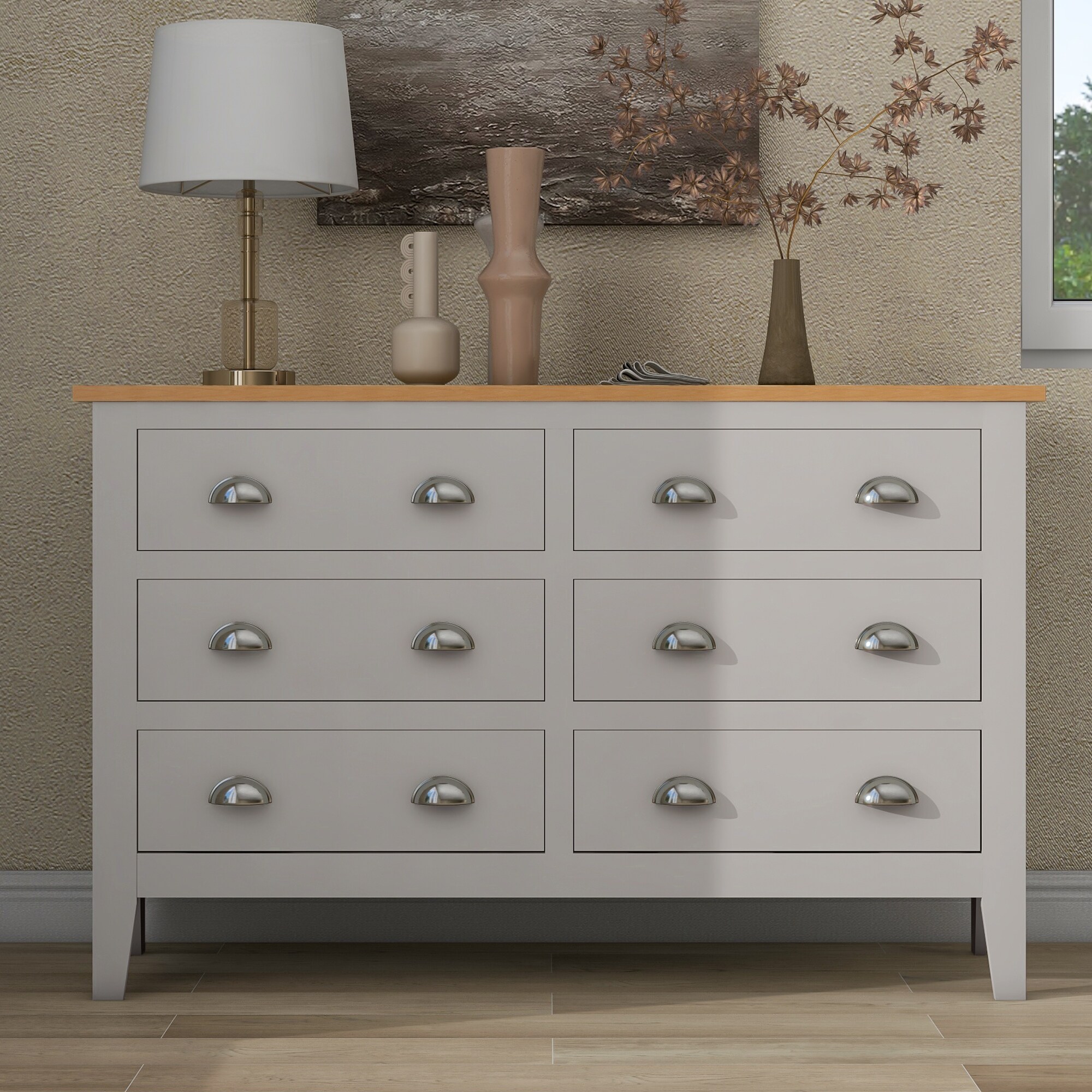 Country Gray Solid 6 Drawers Dresser with Oak Top - - 37749705 - Mycitystee