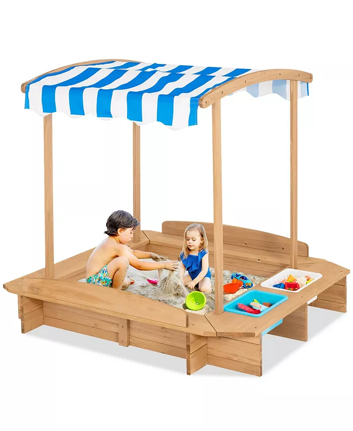 Costway Kids Large Wooden Sandbox w  2 Bench Seats Outdoor Play Station for Children - Mycitystee