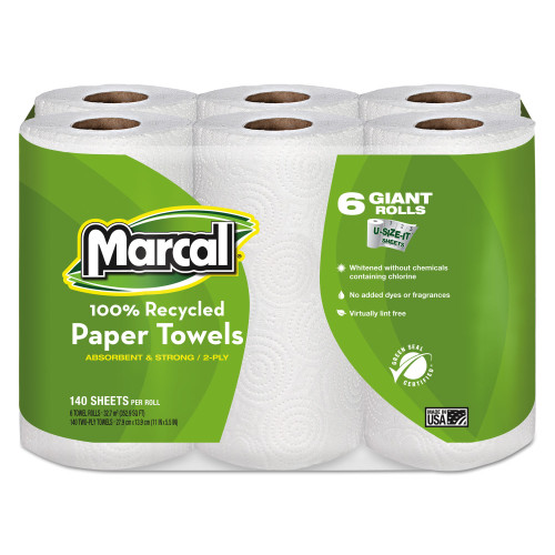 Marcal 100% Recycled Roll Towels， 2-Ply， 5 1/2 x 11， 140/Roll， 6 Rolls/Pack (6181PK) - Mycitystee