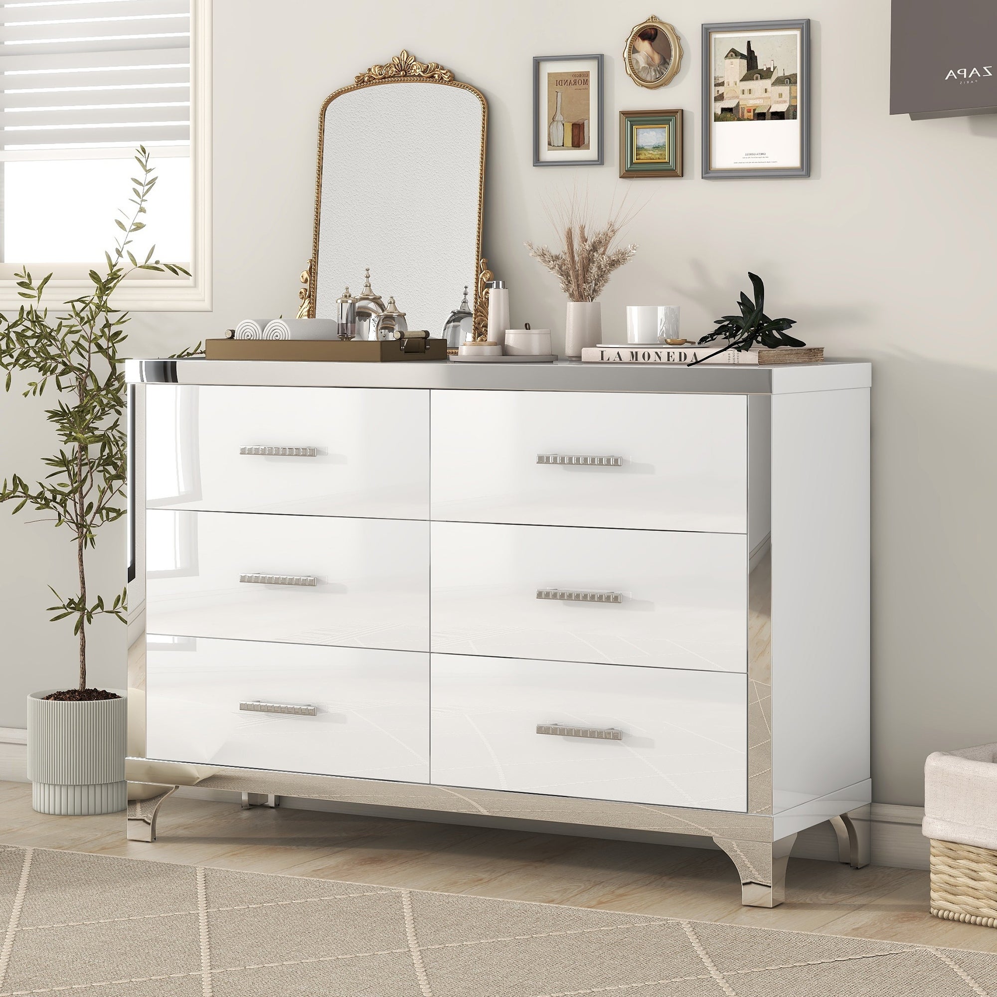 Elegant Mirrored Storage Cabinet， High Gloss 6 Drawers Dresser with Metal Handle - - 37846140 - Mycitystee