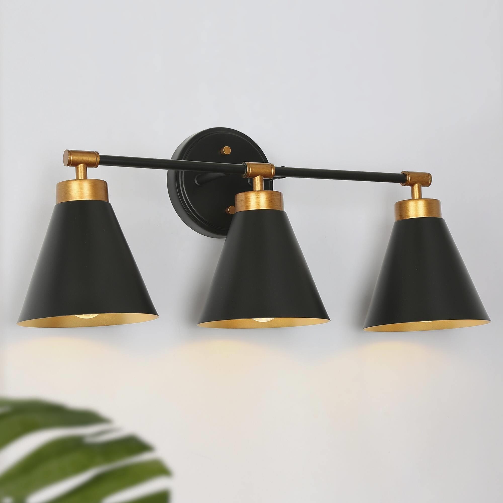 Farmhouse Industrial 3-light Bathroom Vanity Lights Black Gold Dimmable Wall Sconces with Metal Cone Shade - Mycitystee