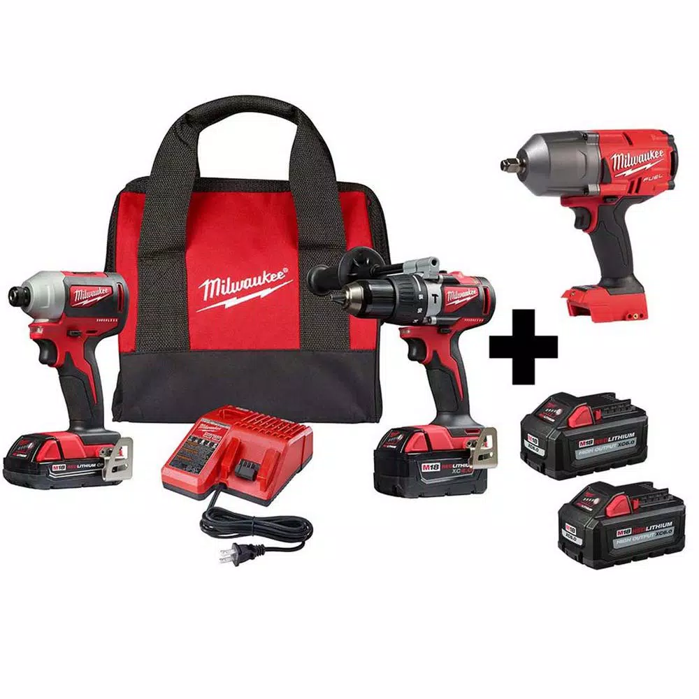 Milwaukee M18 18-Volt Lithium-Ion Brushless Cordless Hammer Drill/Impact/ 1/2 in. Impact Wrench Combo Kit (3-Tool) w/ 4-Batteries and#8211; XDC Depot - Mycitystee